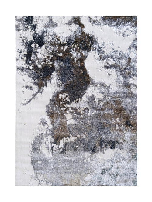Tapis aux motifs abstraits et irréguliers, mélangeant du blanc, du gris argenté, du marron et du noir