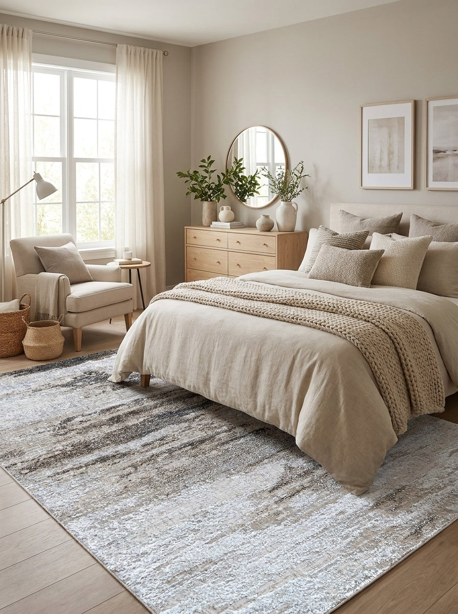 Tapis rectangulaire aux motifs abstraits gris, blancs et noirs avec un effet brossé, posé dans une chambre aux tons neutres