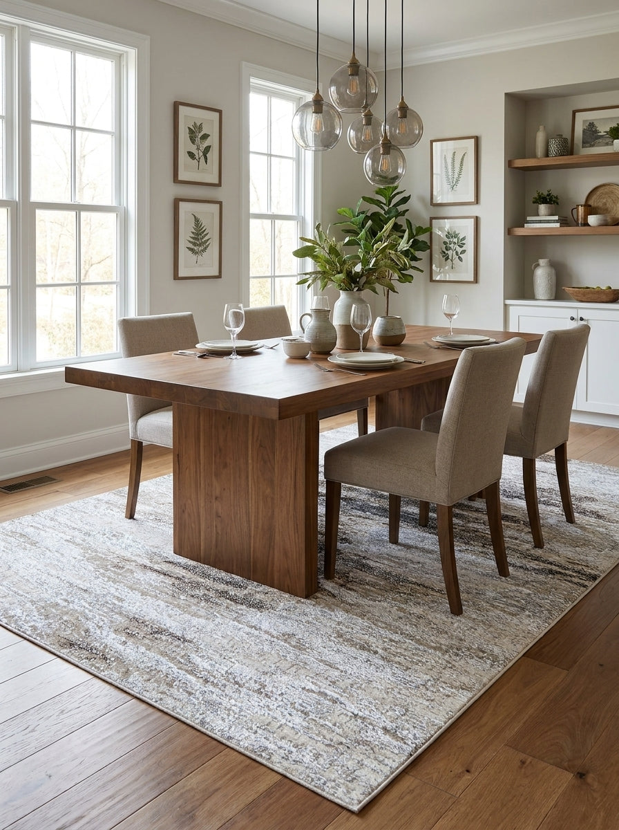 Tapis rectangulaire à motifs abstraits gris, beiges et marron foncé, posé sur un parquet dans une salle à manger