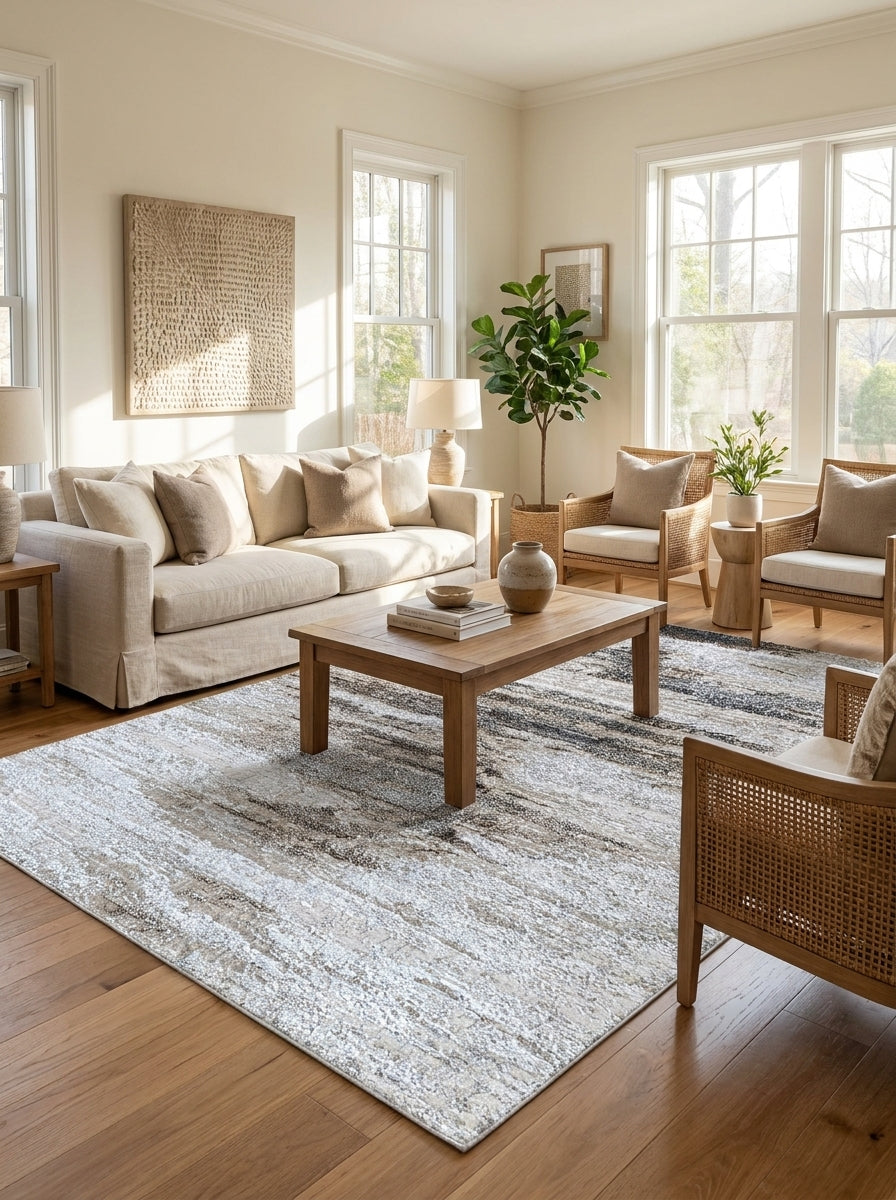 Tapis rectangulaire aux motifs abstraits gris, beige et blanc cassé sur un parquet dans un salon lumineux