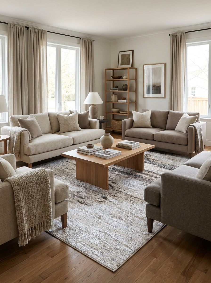 Tapis rectangulaire aux motifs abstraits beige, gris clair et marron foncé, avec un effet texturé, posé dans un salon moderne