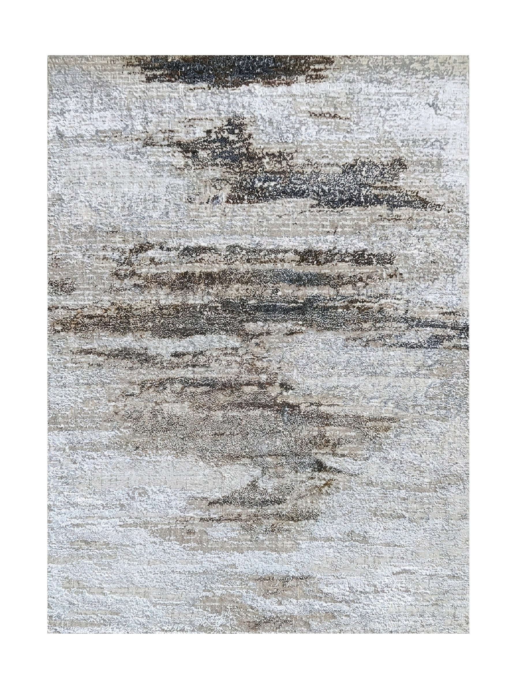 Tapis abstrait aux teintes gris, beige, blanc cassé, parcouru de larges stries texturées noires et marron foncé