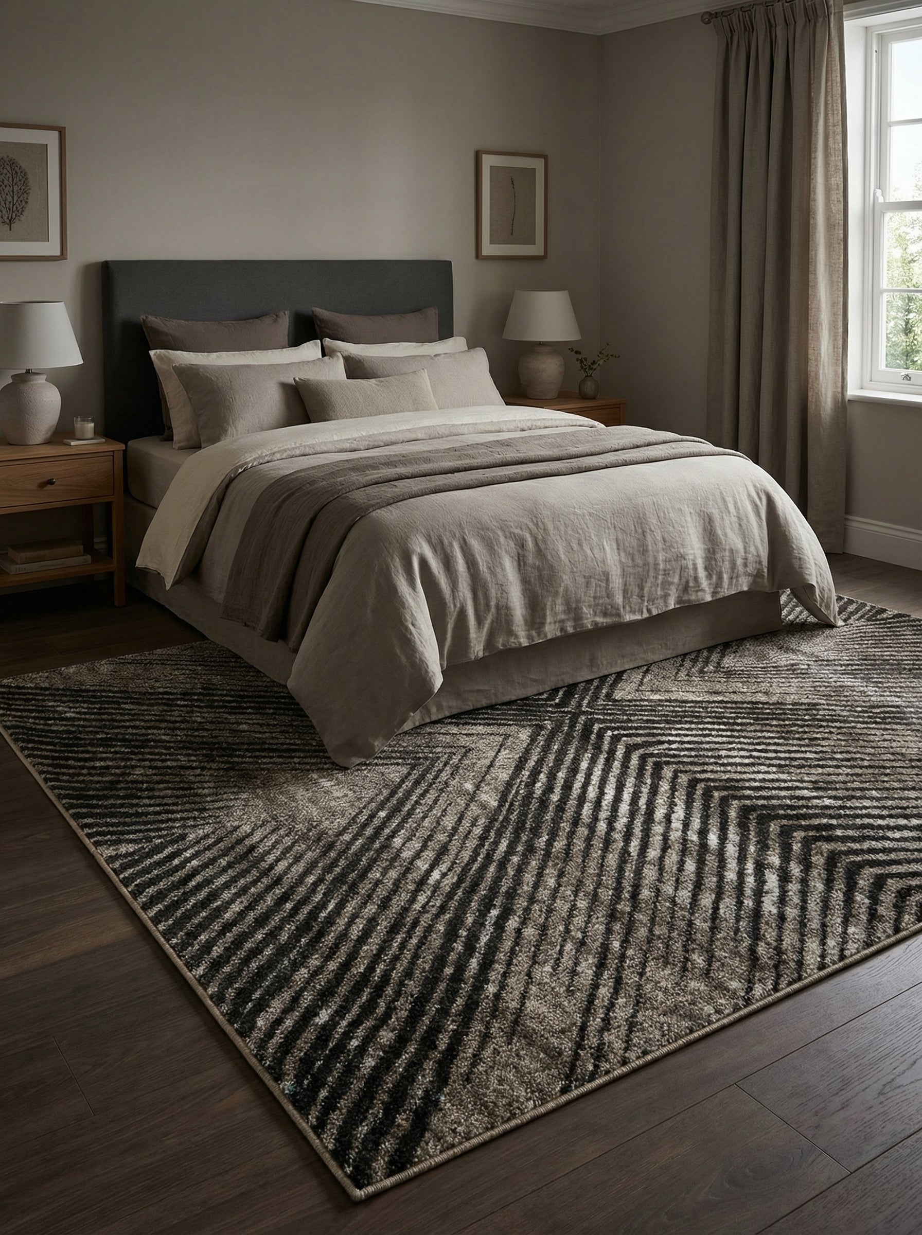 Tapis rectangulaire aux motifs géométriques en chevrons noirs et gris texturés sur fond beige marron, posé dans une chambre