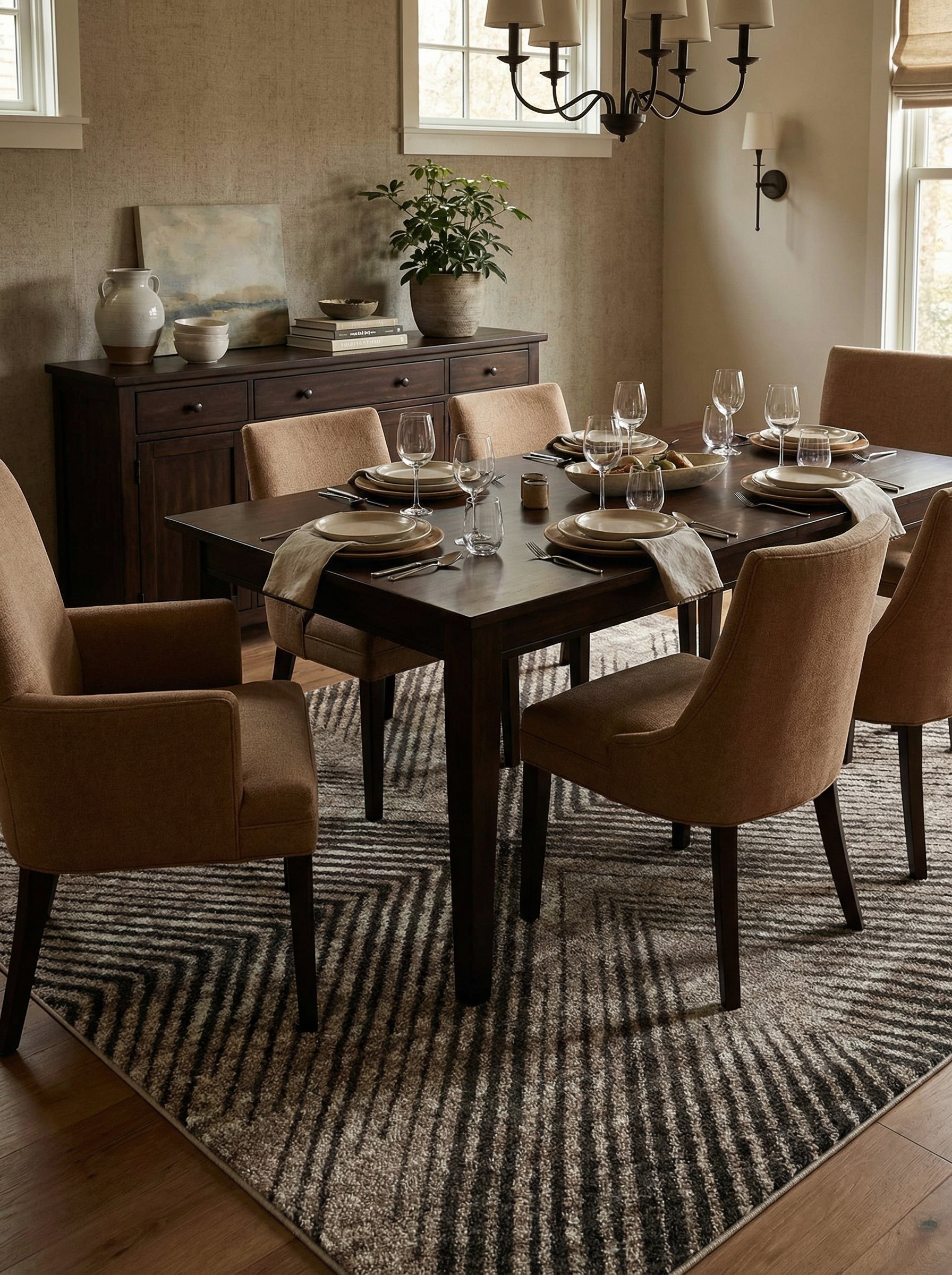 Tapis rectangulaire à poils longs aux nuances de beige, gris et marron foncé, avec des motifs chevrons dynamiques, dans une salle à manger