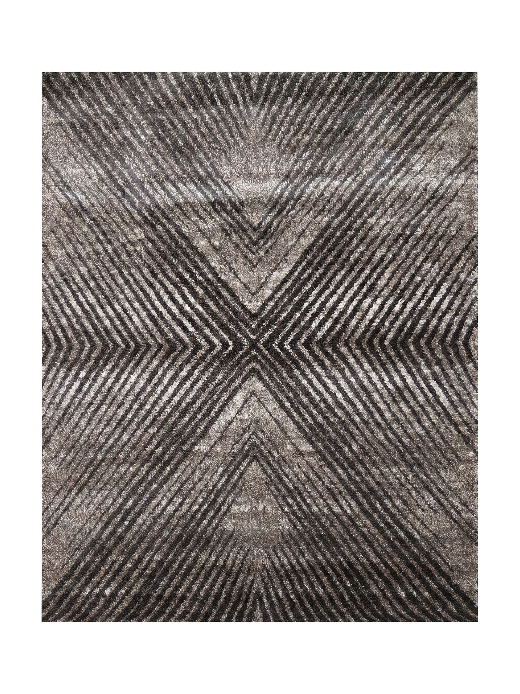 Tapis rectangulaire à poils mi-longs, motif géométrique de chevrons gris clair et foncé en diagonale