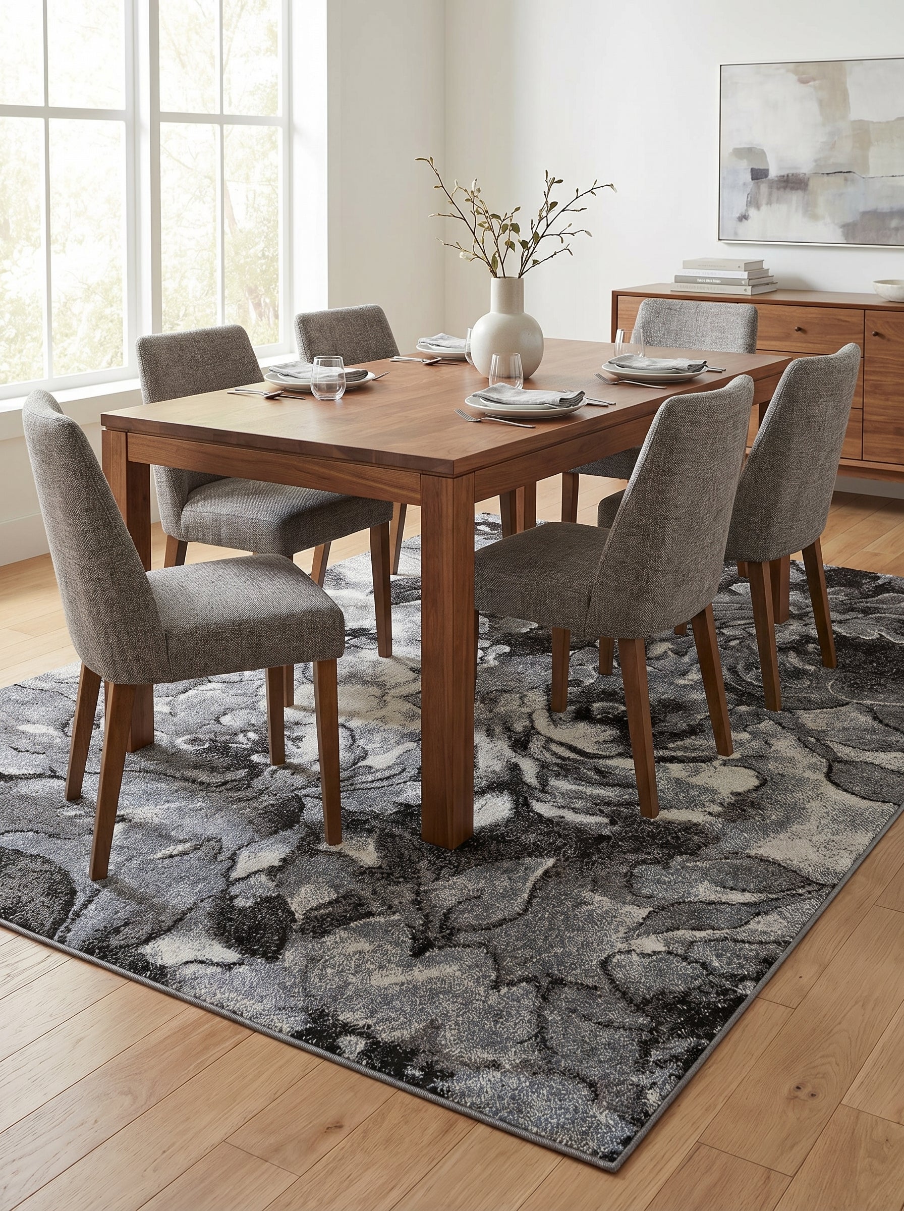 Tapis rectangulaire texturé aux motifs floraux abstraits gris foncé, noir et blanc cassé sous une table de salle à manger