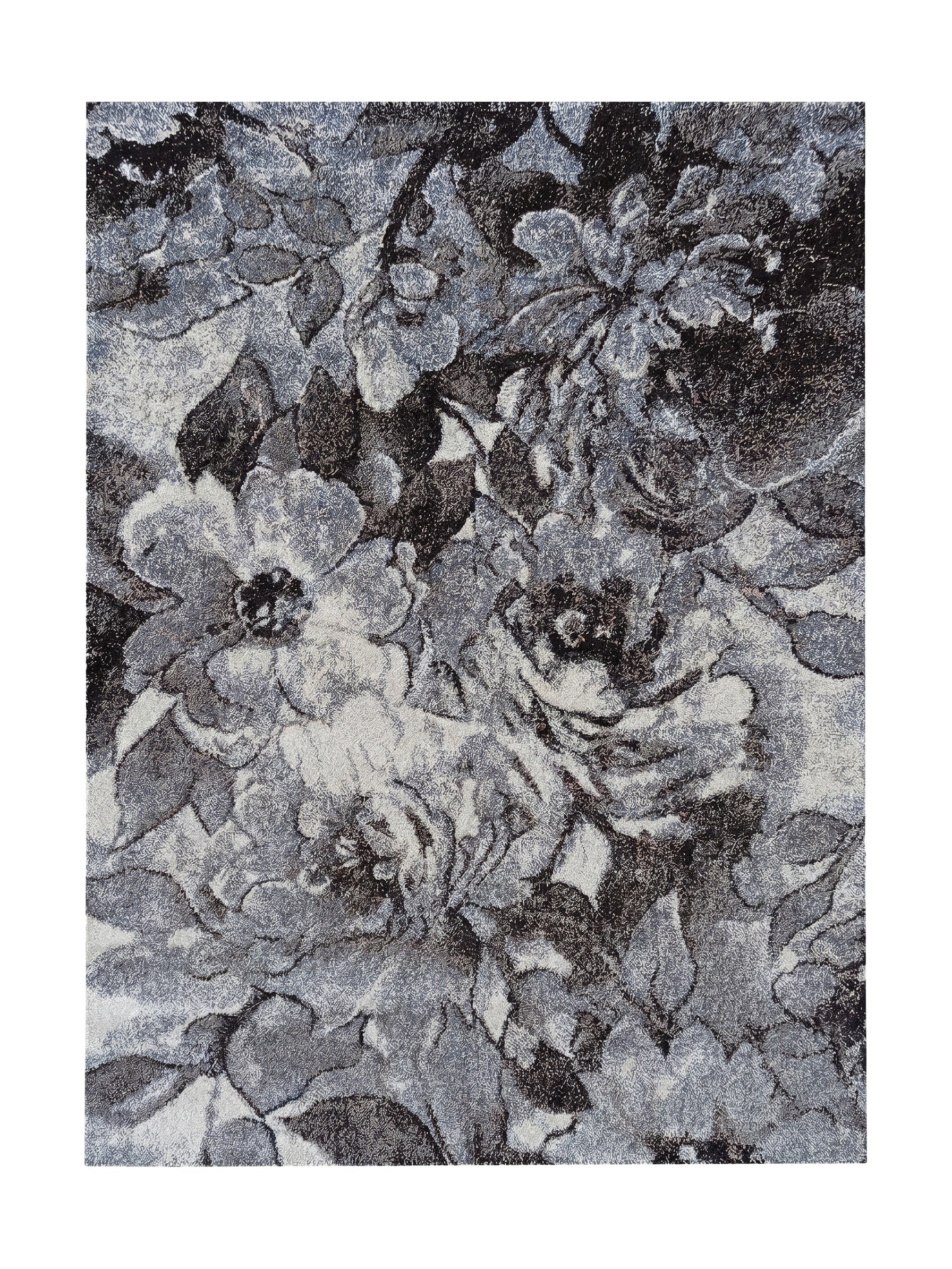 Tapis moelleux à motif floral abstrait en nuances de gris, noir et blanc