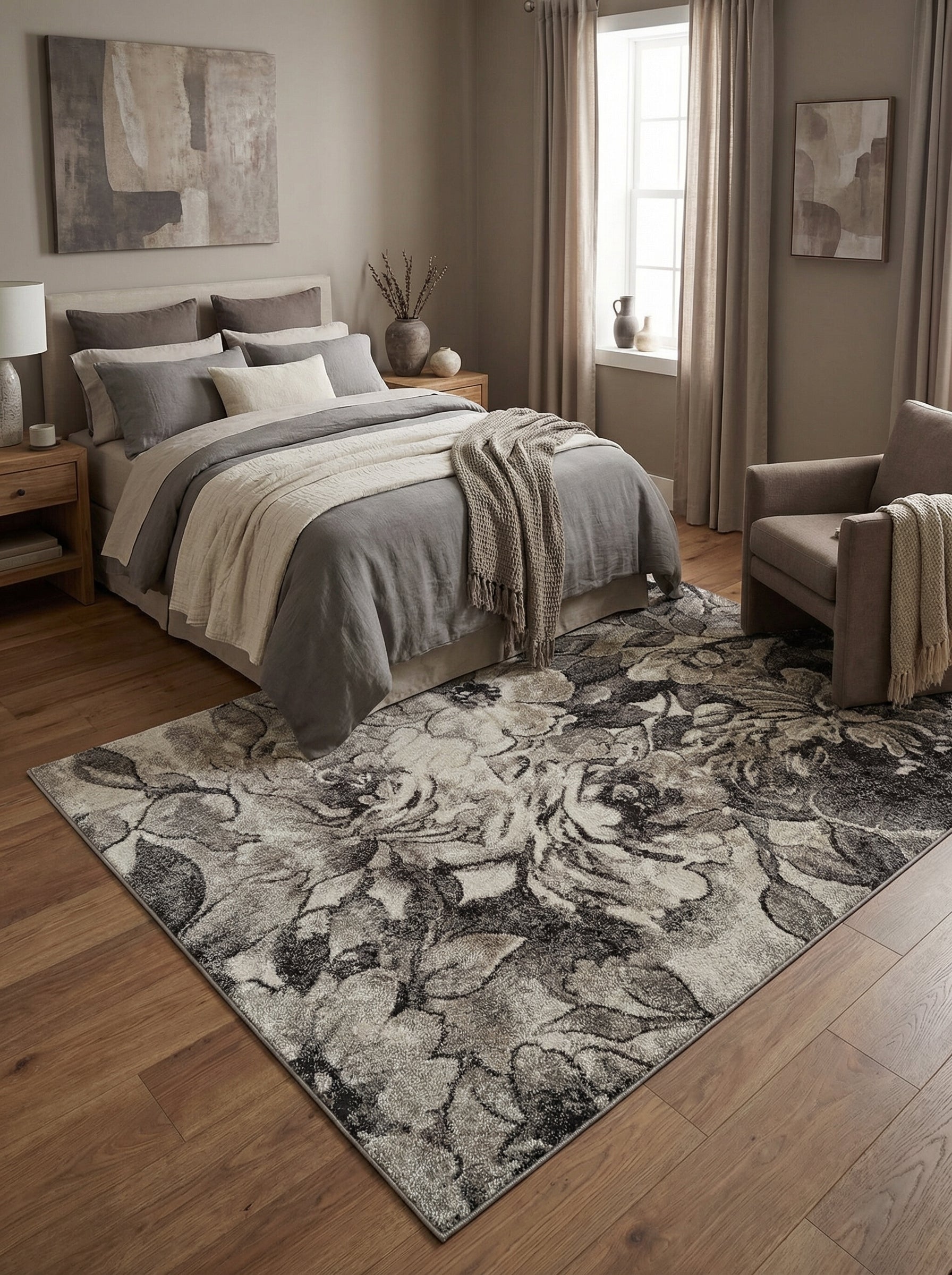 Tapis rectangulaire gris aux motifs abstraits de grandes fleurs stylisées en nuances de gris clair, foncé et crème, dans une chambre