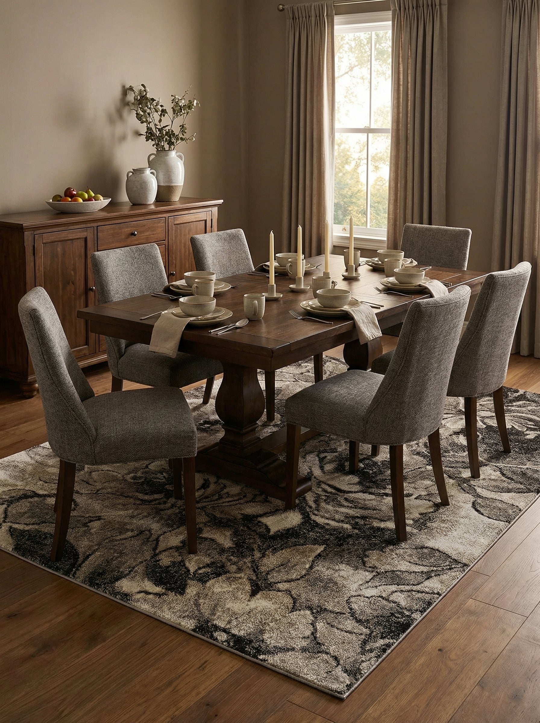 Tapis rectangulaire aux motifs floraux abstraits gris, beiges et noirs, à poils courts et texturé, dans une salle à manger élégante