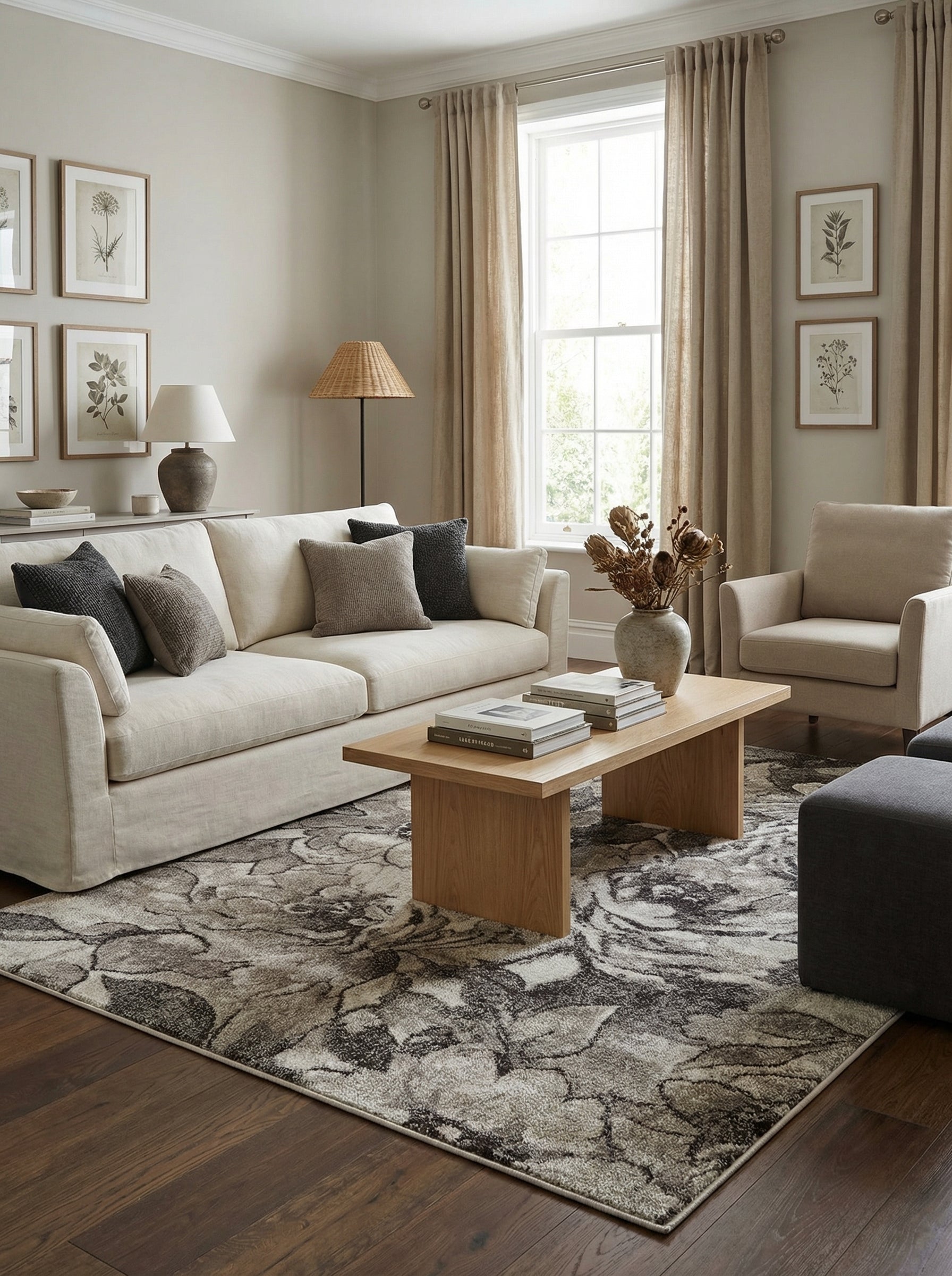 Tapis rectangulaire à motifs floraux abstraits mêlant gris foncé, gris clair et beige, sur un parquet dans un salon