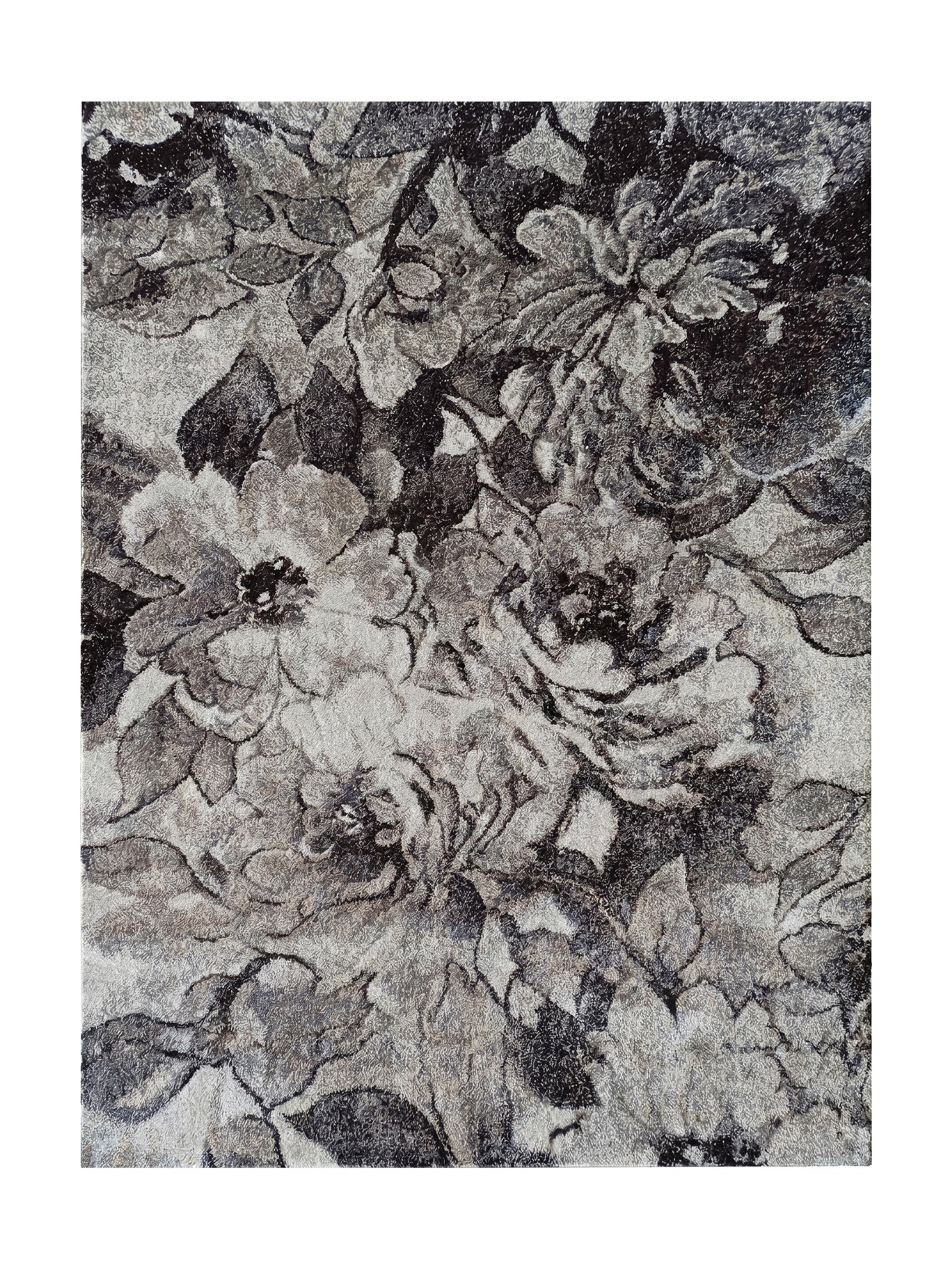 Tapis doux à poils longs, orné de grands motifs floraux gris, argentés et noirs