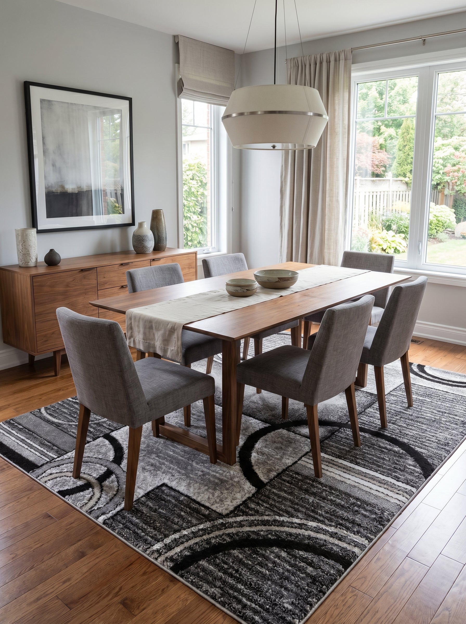 Grand tapis rectangulaire aux motifs abstraits de courbes et blocs en noir, gris et blanc, sous une table de salle à manger moderne