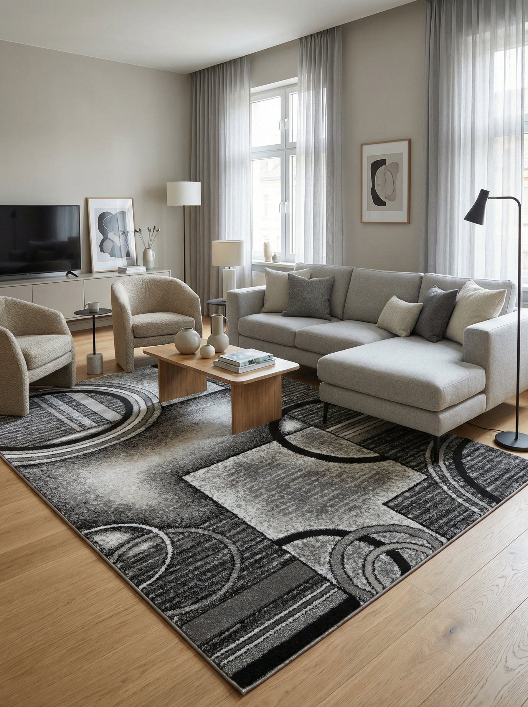Tapis rectangulaire aux motifs géométriques abstraits et texturés en noir, gris et blanc dans un salon moderne