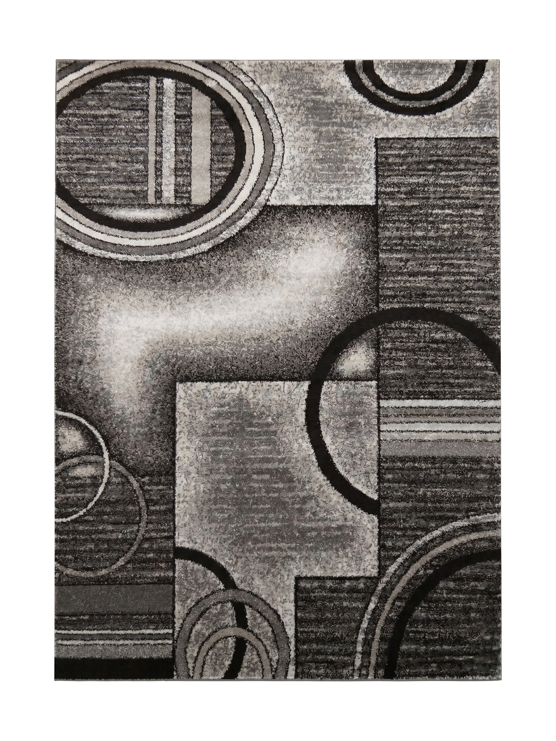 Tapis moderne aux motifs géométriques abstraits de cercles et rectangles, dans des tons variés de gris, blanc et noir