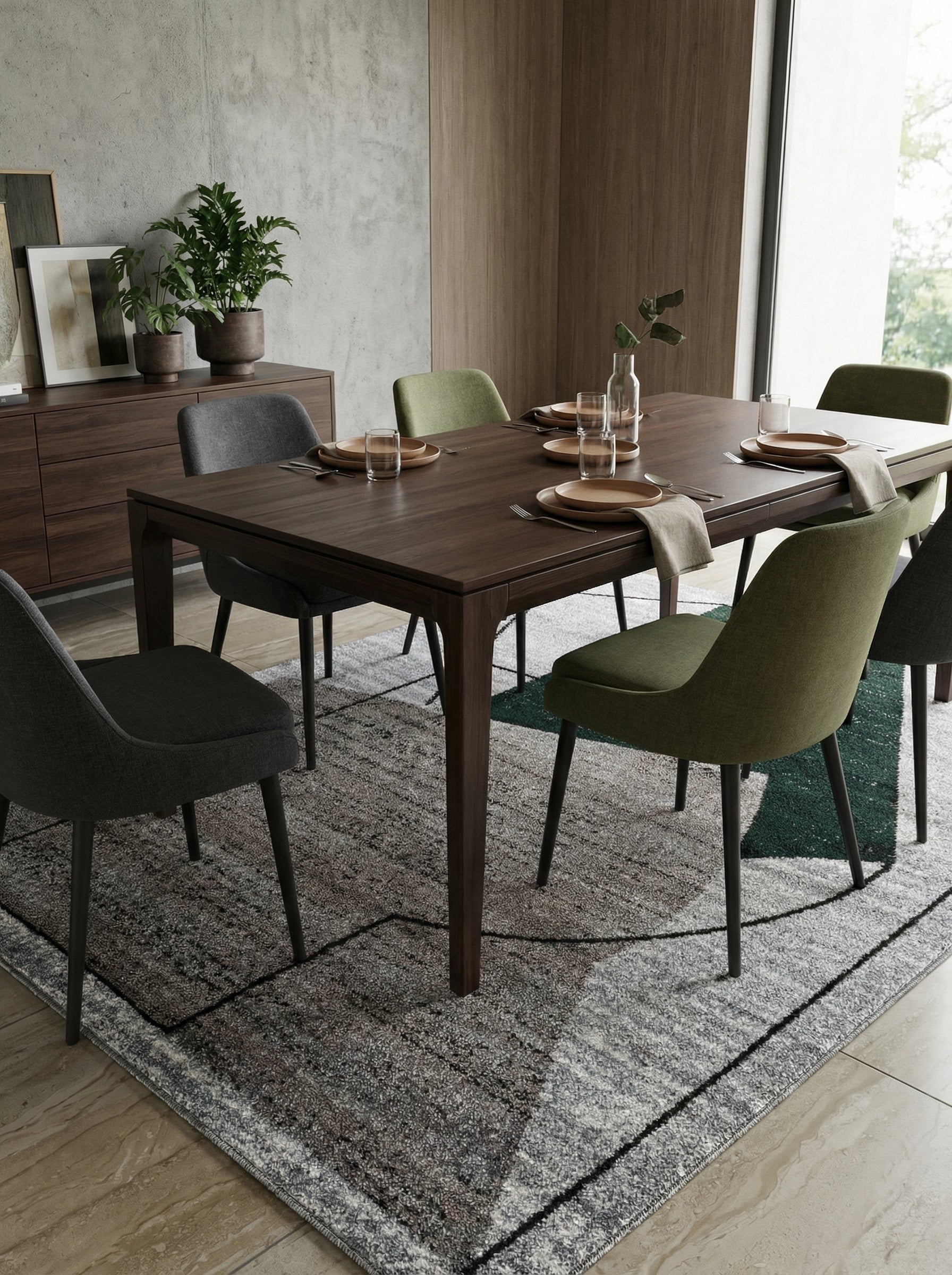 Tapis rectangulaire gris et blanc aux motifs géométriques abstraits avec des touches de vert foncé, posé sous une table de salle à manger moderne