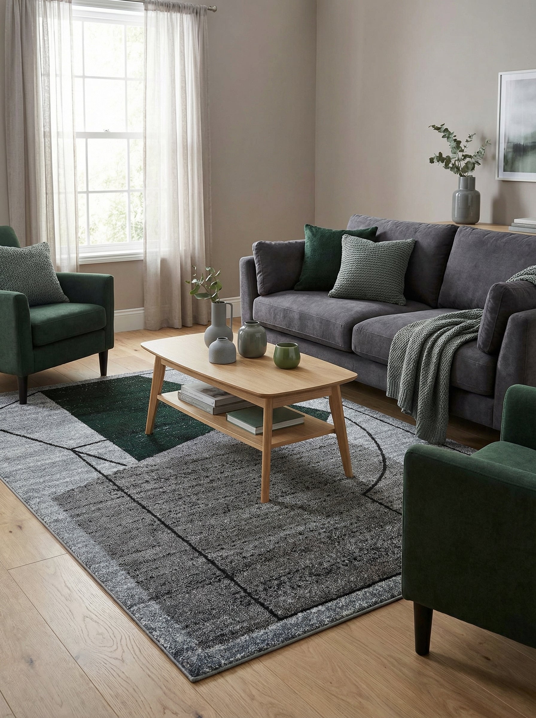 Tapis rectangulaire à motifs géométriques gris dégradé et vert foncé, avec des lignes noires fines, posé sur un parquet clair dans un salon