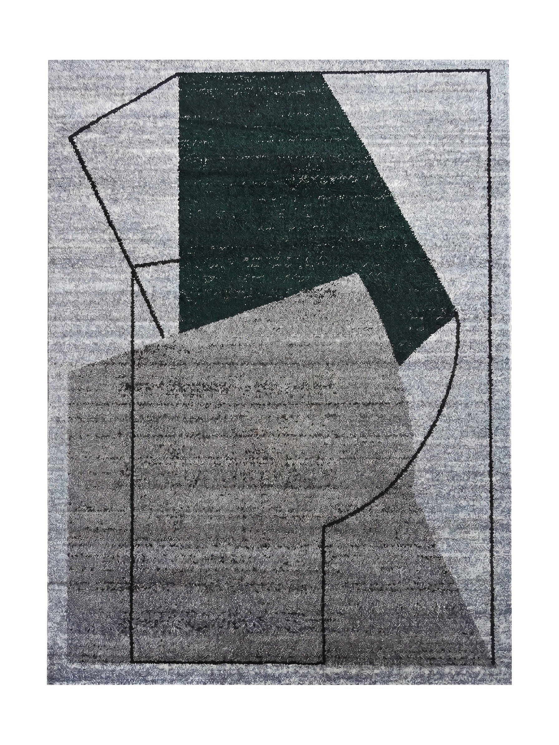 Tapis à poils courts gris chiné, orné de motifs abstraits géométriques vert foncé soulignés par des lignes noires