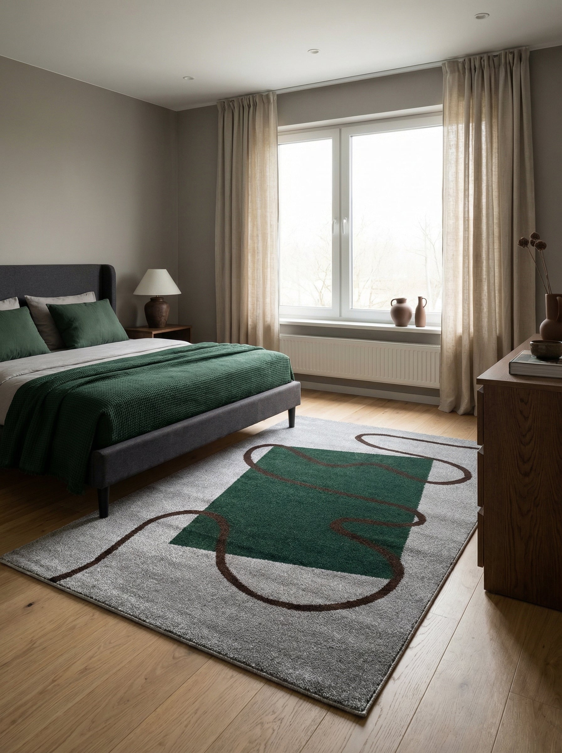 Tapis rectangulaire gris clair avec un grand motif géométrique vert foncé et des lignes courbes marron dans une chambre moderne