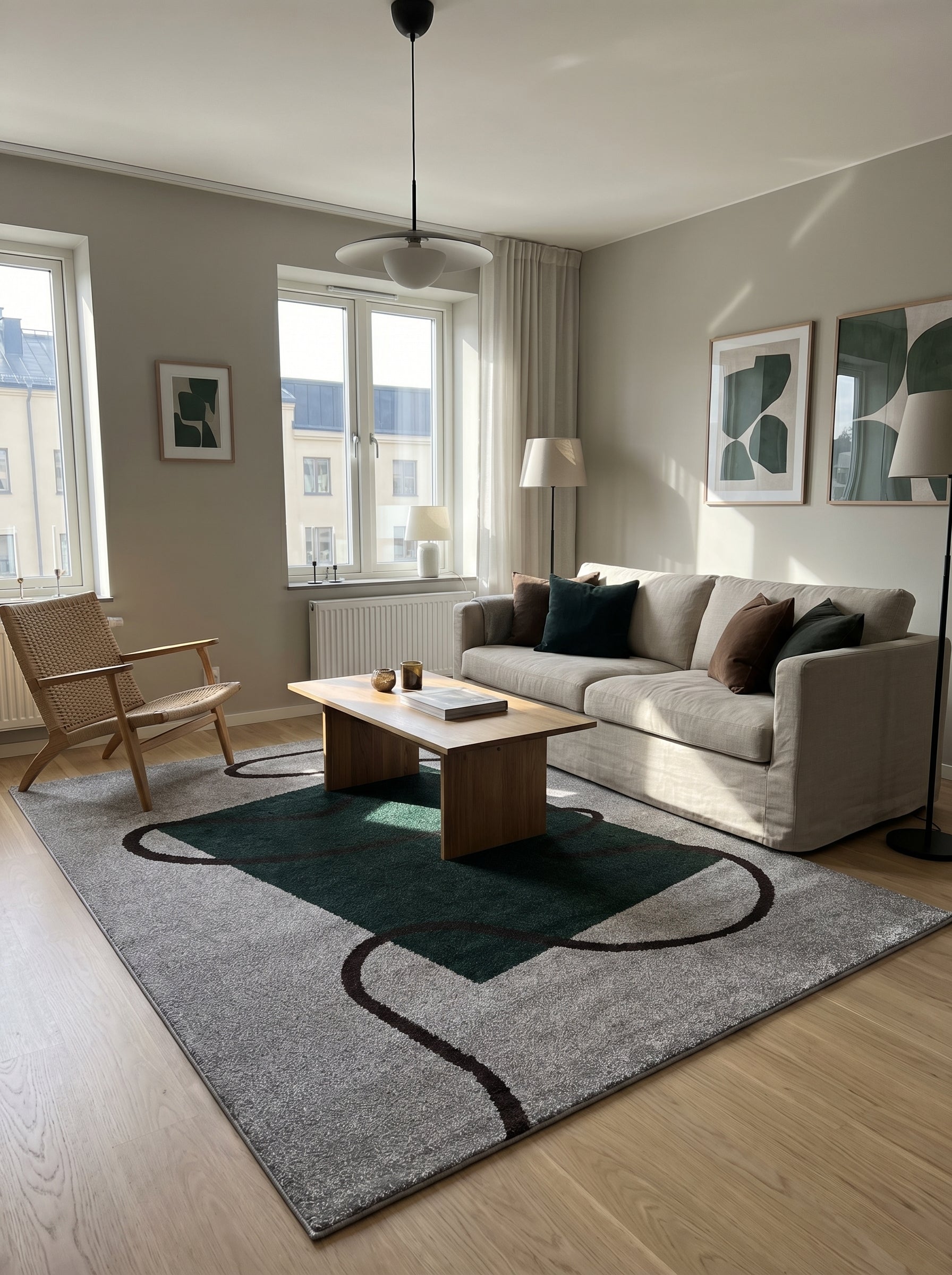 Tapis rectangulaire gris clair avec un motif central vert forêt et des lignes marron ondulantes, posé dans un salon lumineux