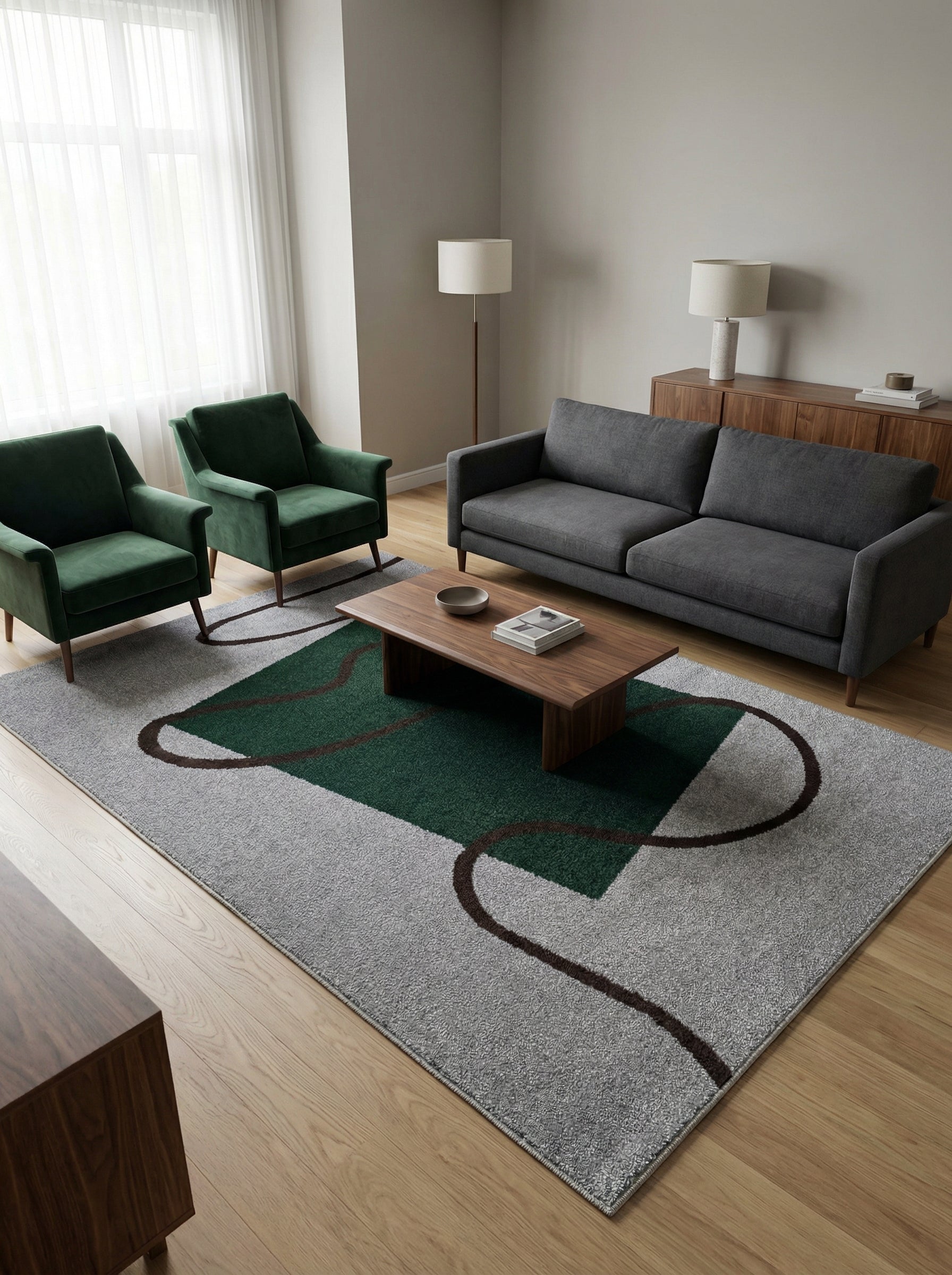Tapis texturé rectangulaire gris clair, avec un grand motif géométrique vert foncé et des lignes courbées marron foncé, dans un salon moderne