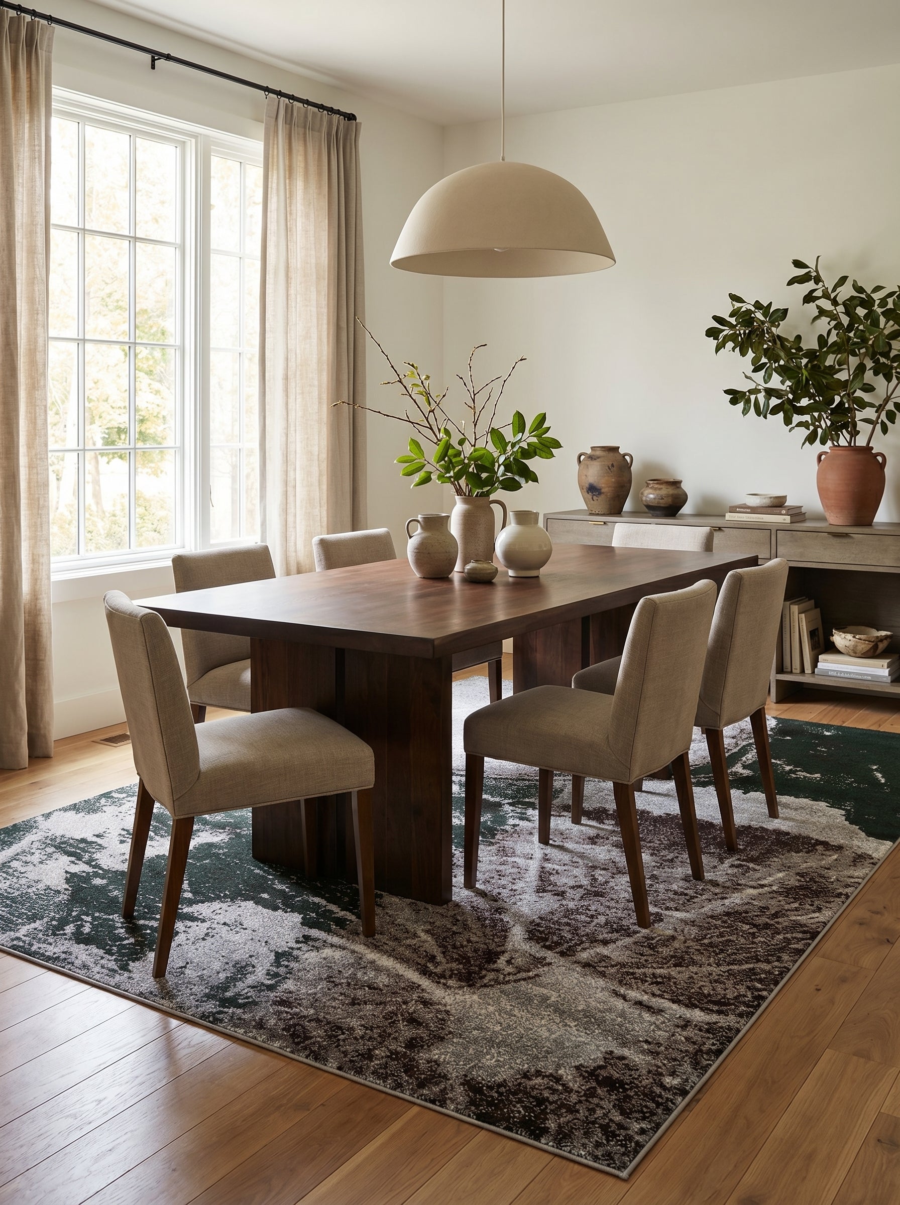 Tapis rectangulaire aux motifs abstraits vert forêt, marron et gris clair, sous une table dans une salle à manger