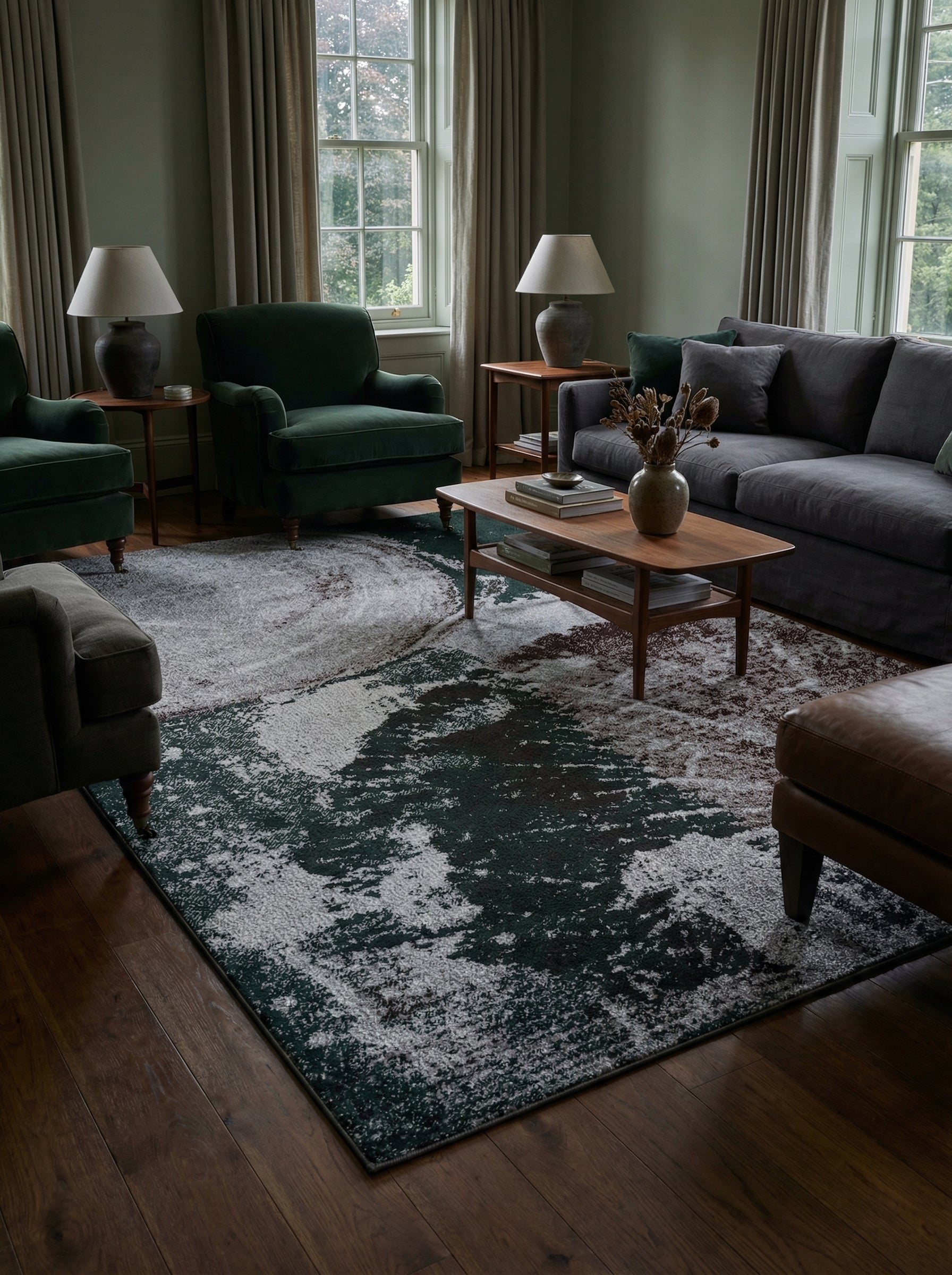 Grand tapis rectangulaire aux motifs abstraits et texturés vert foncé, gris clair et bordeaux, posé sur un parquet de salon