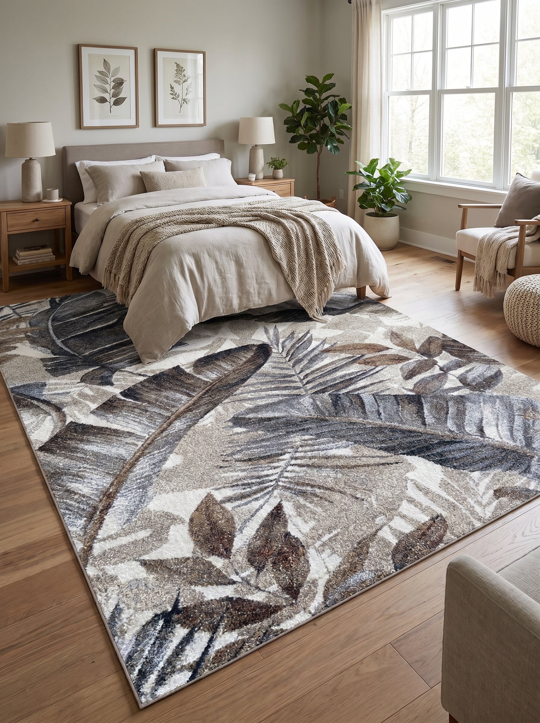 Tapis rectangulaire à motifs de feuilles tropicales en camaïeu marron, gris foncé et blanc crème dans une chambre