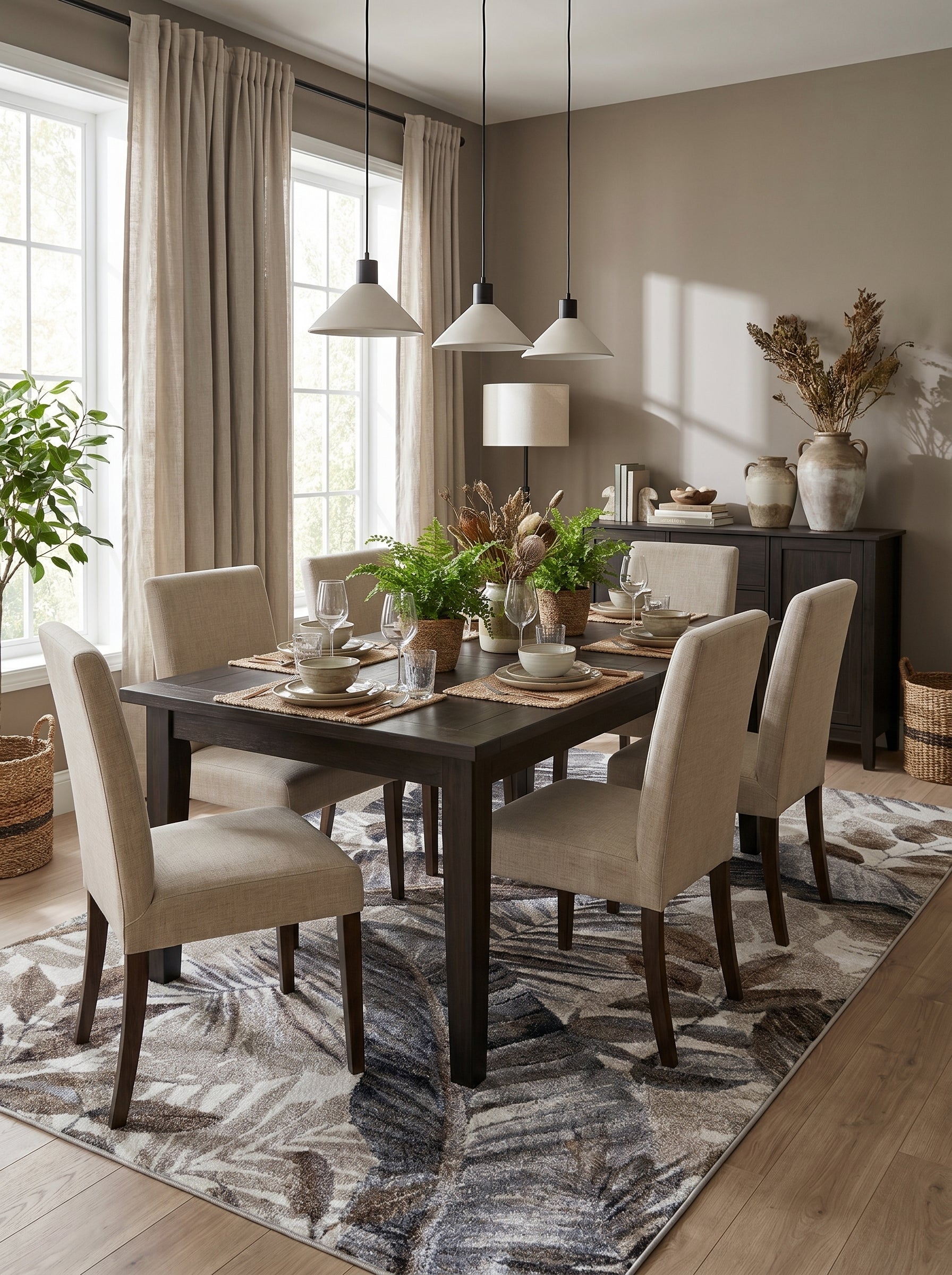 Tapis rectangulaire à motifs de feuilles stylisées marron, beige et bleutées, placé sous une table dans une salle à manger