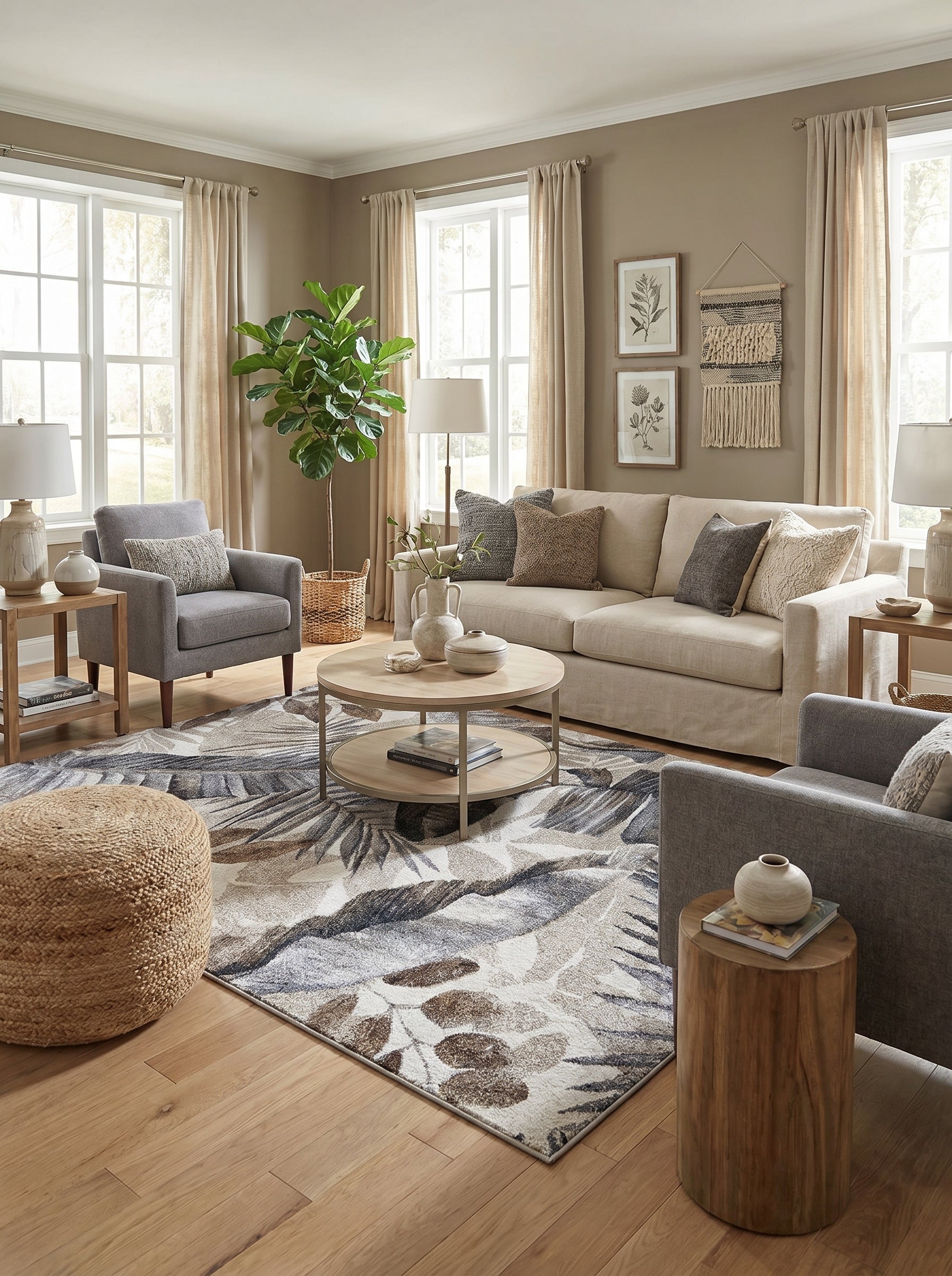 Tapis rectangulaire aux motifs de feuilles stylisées, en beige, marron et bleu gris sur fond clair, dans un salon