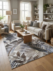 Tapis crème et taupe, motifs de feuilles tropicales marron et gris bleuté, salon moderne