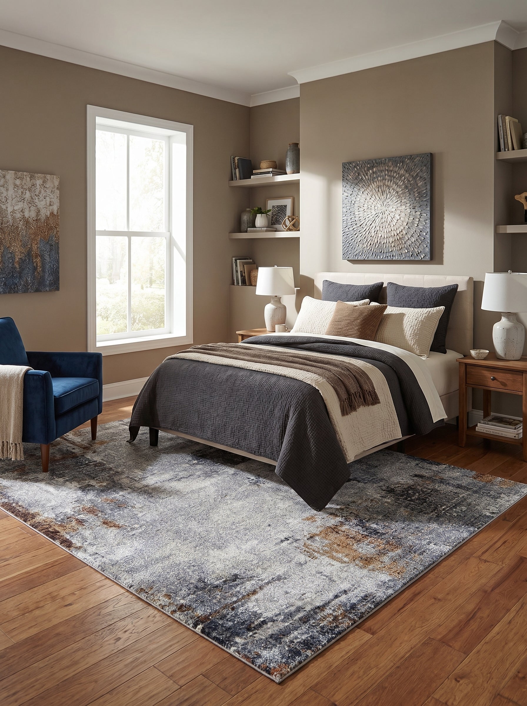 Tapis rectangulaire aux motifs abstraits gris, bleu marine et rouille, posé sur un parquet en bois dans une chambre