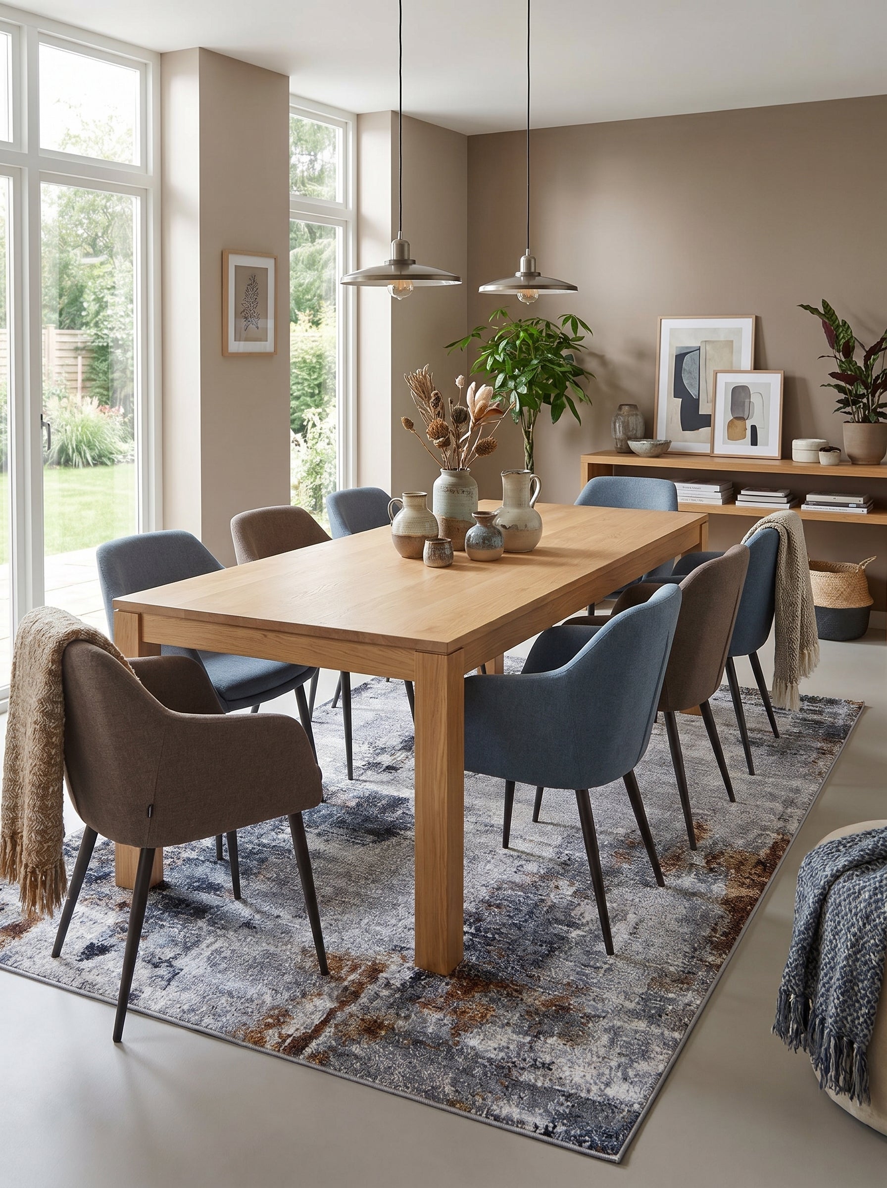 Tapis rectangulaire aux motifs abstraits gris, bleus et bruns, avec des touches de blanc, dans une salle à manger lumineuse