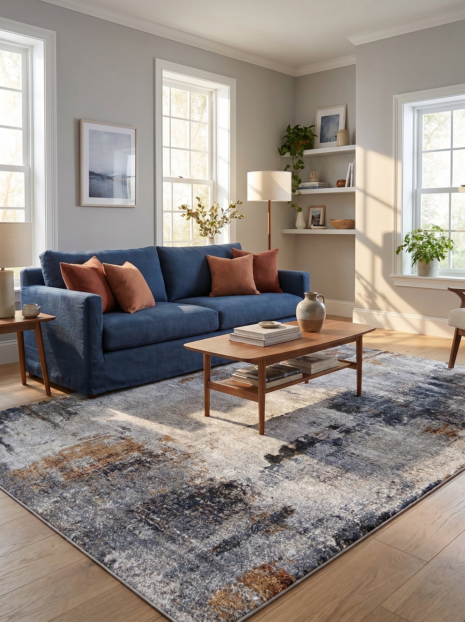 Tapis rectangulaire à motifs abstraits gris, bleu marine et rouille, posé sur un parquet clair dans un salon moderne