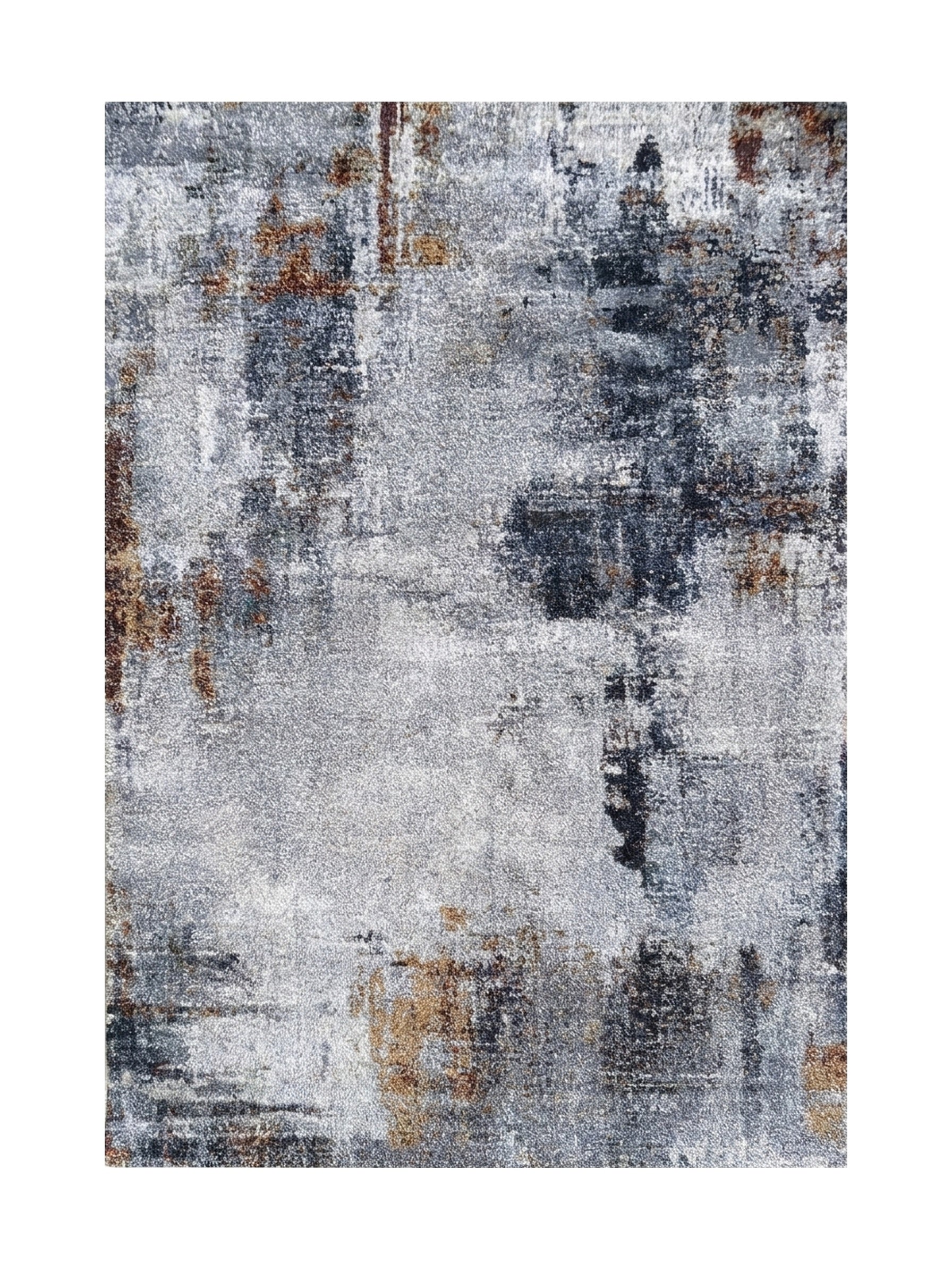 Tapis rectangulaire à motif abstrait gris clair, bleu marine et rouille, avec des zones à l'aspect usé