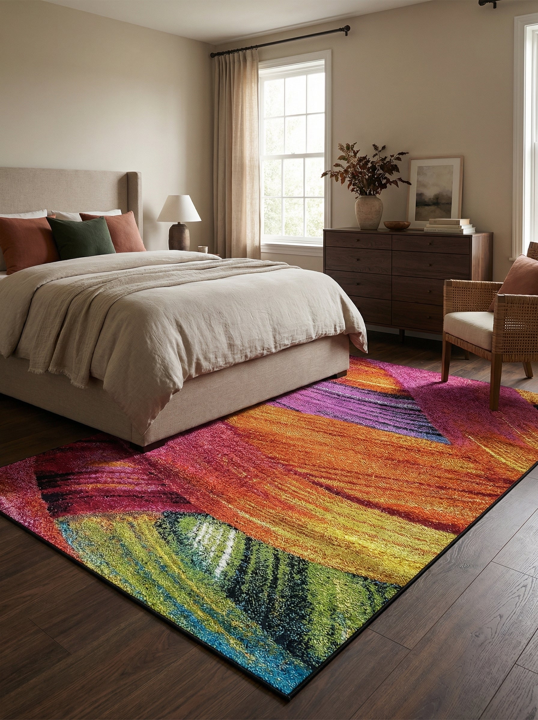 Tapis rectangulaire à texture épaisse, motifs abstraits éclatants d'orange, fuchsia, jaune, violet, vert et bleu turquoise, posé dans une chambre