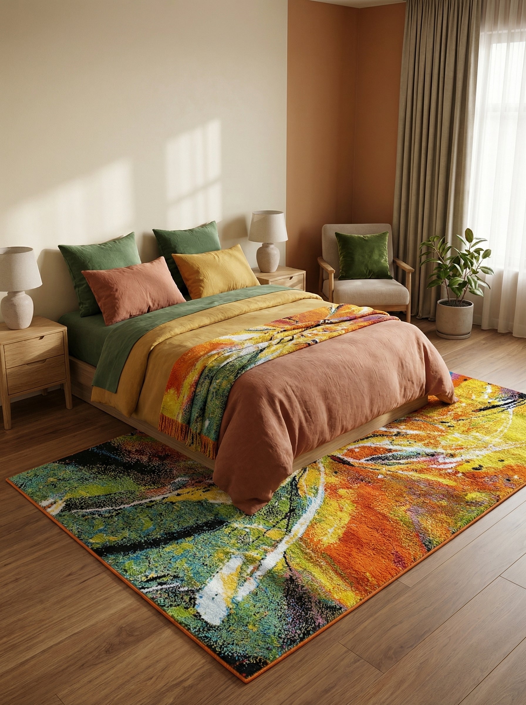 Tapis rectangulaire vibrant avec des motifs abstraits et un mélange de vert, orange, jaune et bleu, posé sur un parquet dans une chambre