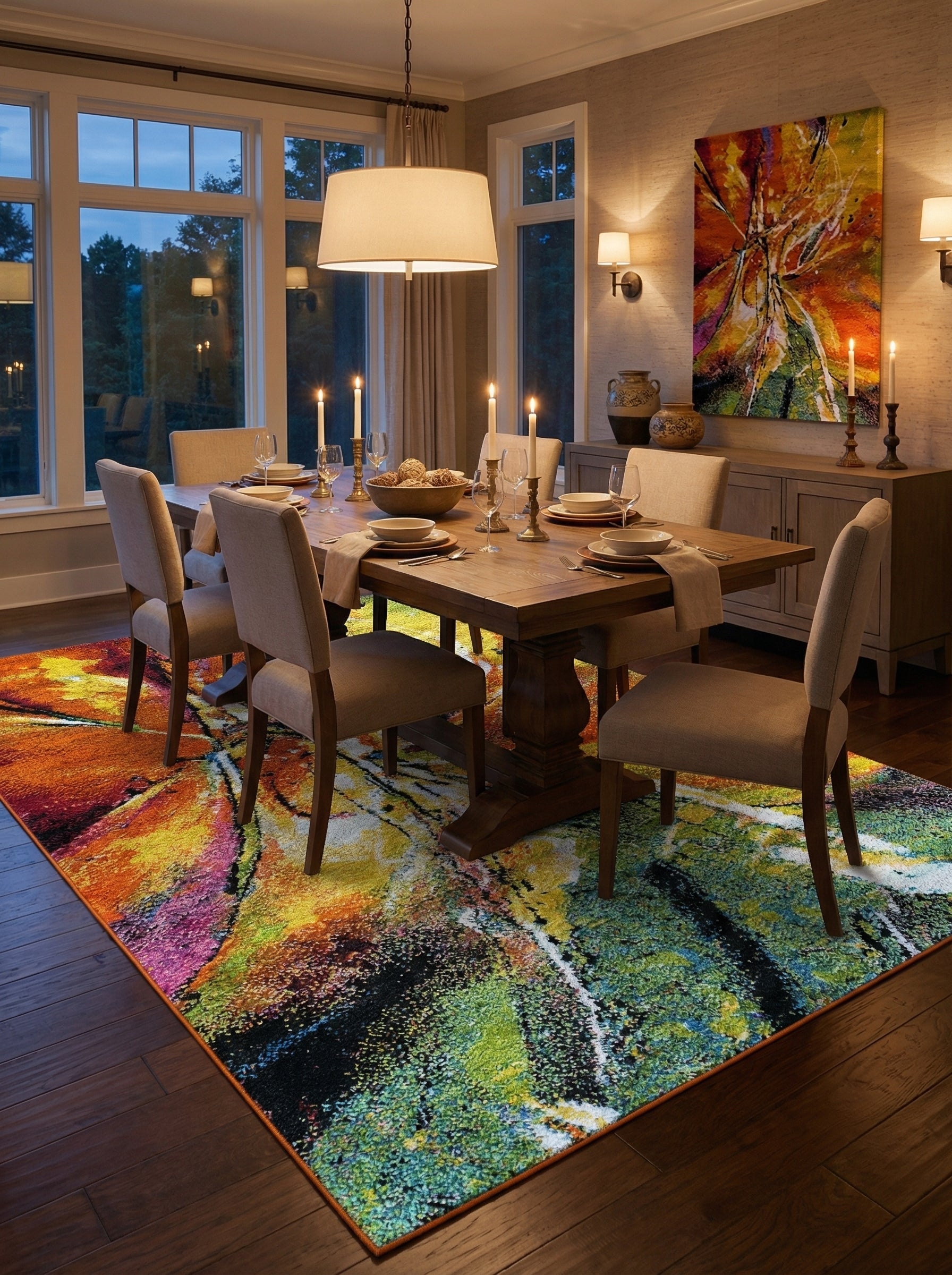 Tapis rectangulaire aux motifs abstraits éclatants mélangeant l'orange, le jaune, le vert et le rose, posé dans une salle à manger