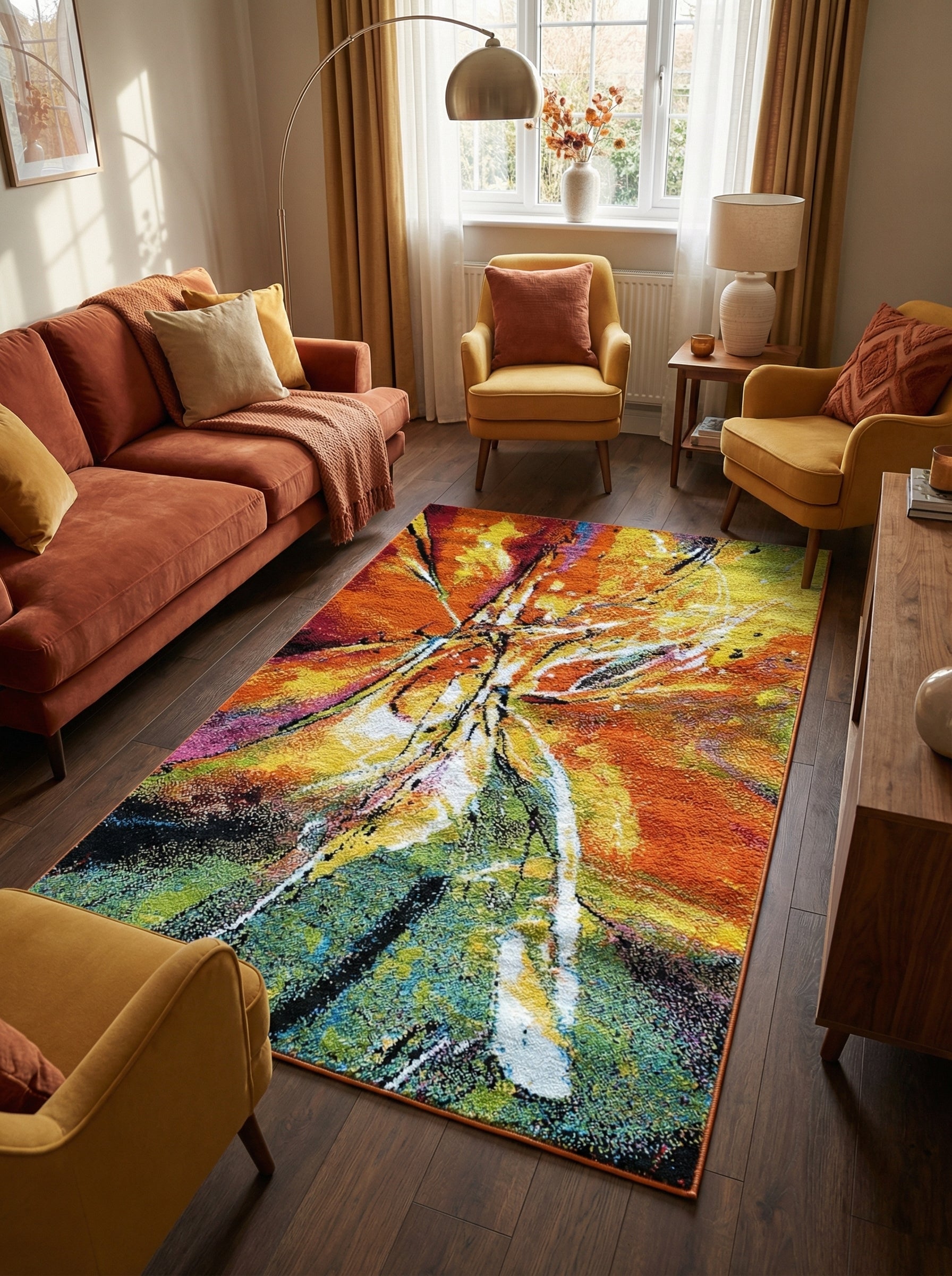 Tapis rectangulaire abstrait aux couleurs vives orange, jaune, vert et bleu, sur un parquet foncé dans un salon lumineux