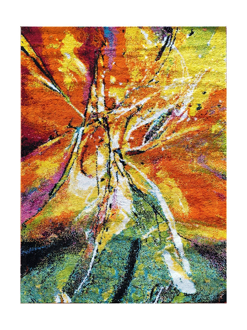 Tapis aux motifs abstraits et couleurs vibrantes. Orange, jaune, vert, bleu, noir, blanc et magenta se mêlent avec une texture perceptible