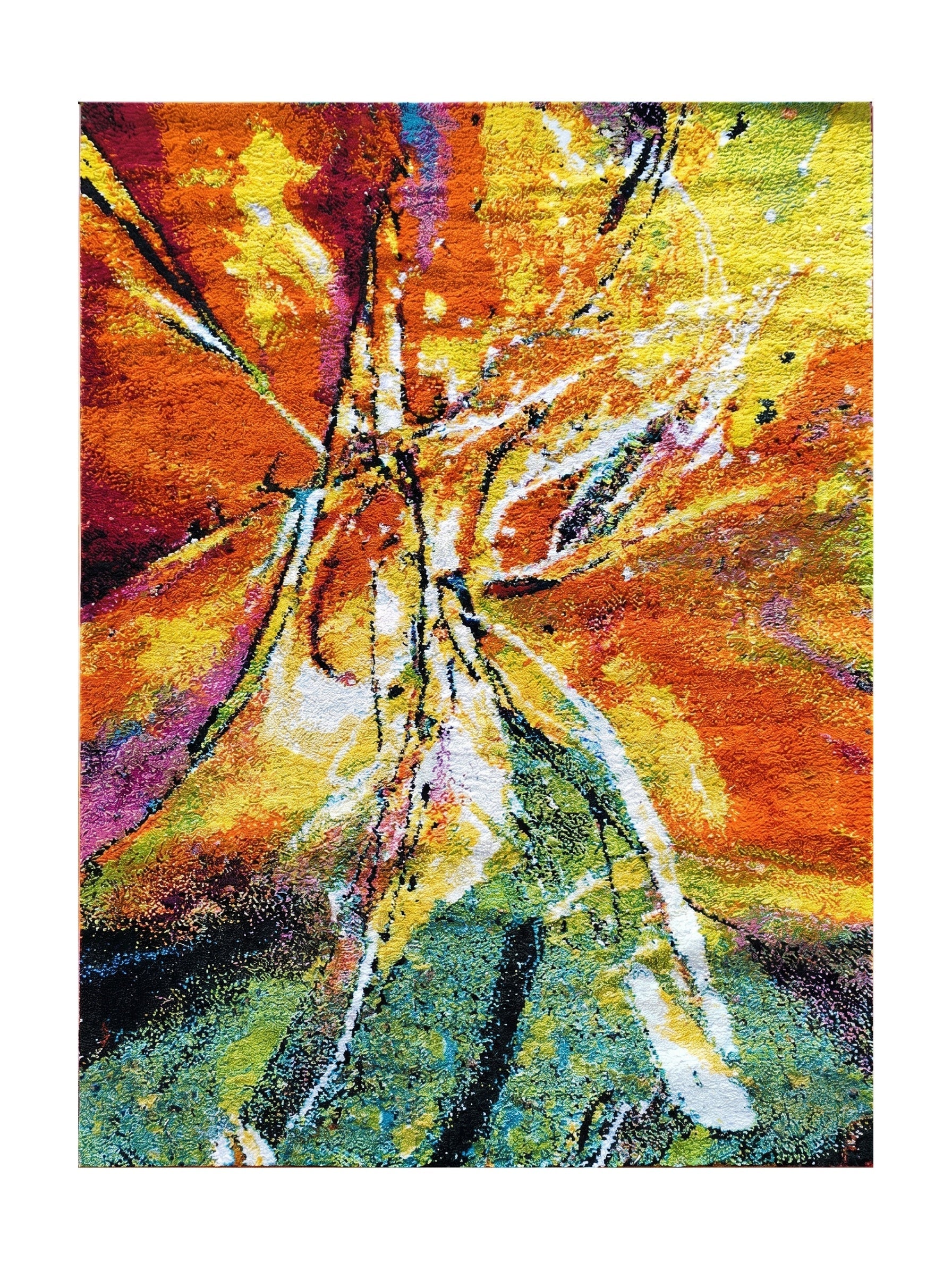 Tapis aux motifs abstraits et couleurs vibrantes. Orange, jaune, vert, bleu, noir, blanc et magenta se mêlent avec une texture perceptible