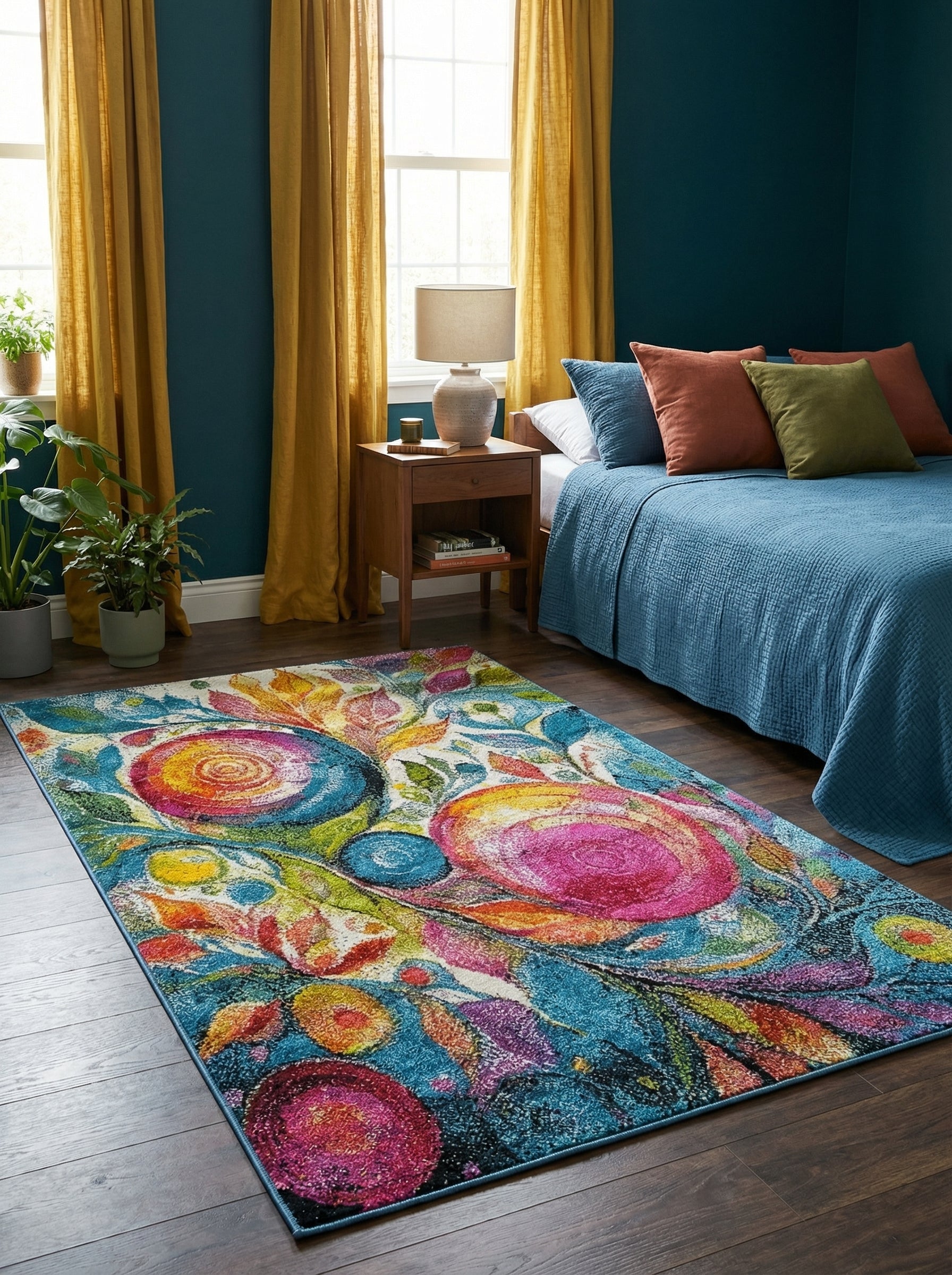 Tapis rectangulaire aux motifs floraux abstraits éclatants multicolores (rose, bleu, jaune, vert) sur fond bleu profond, dans une chambre