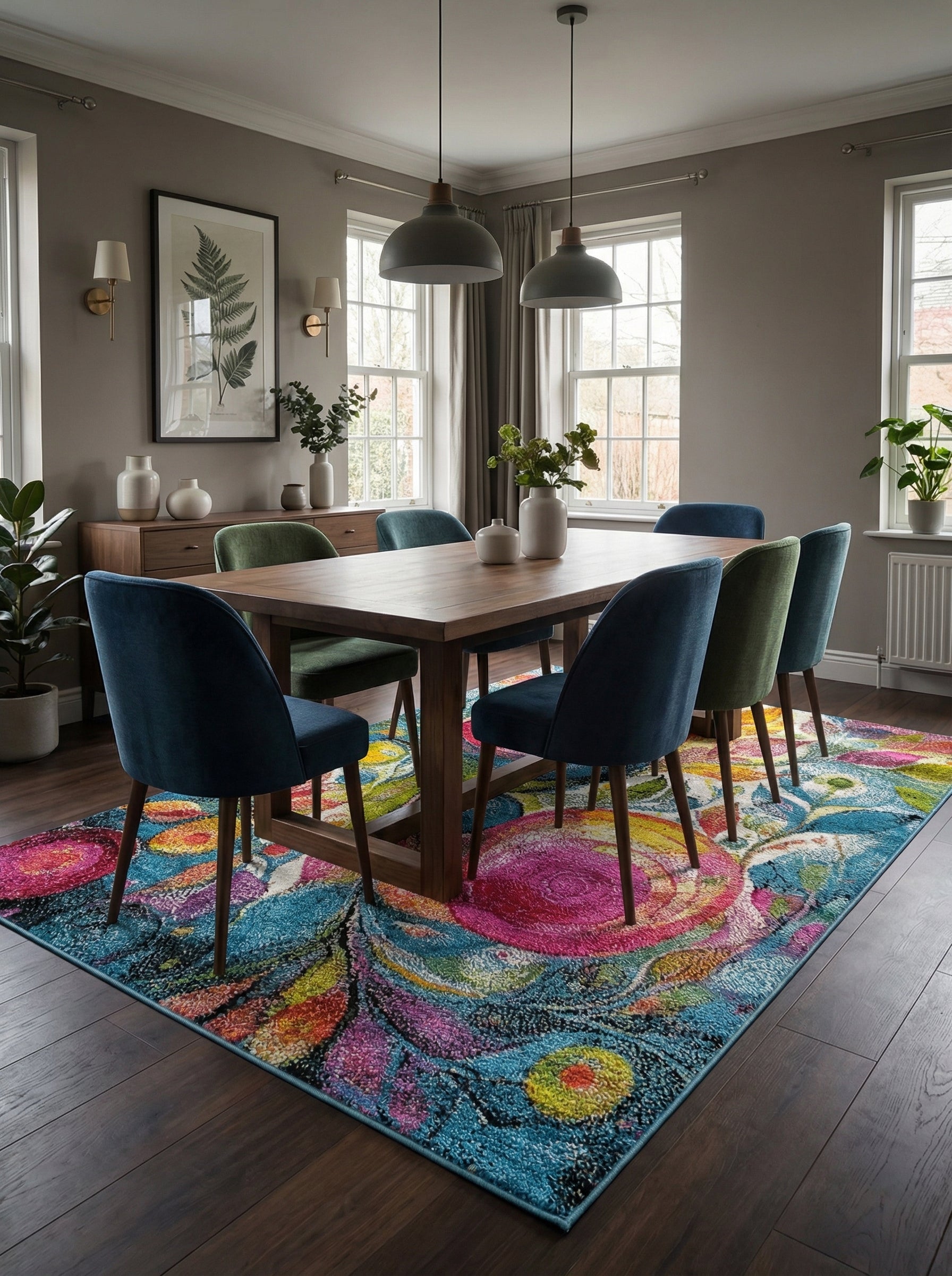 Tapis rectangulaire multicolore à motifs floraux abstraits vibrants en fuchsia, bleu, vert et jaune sous une table de salle à manger