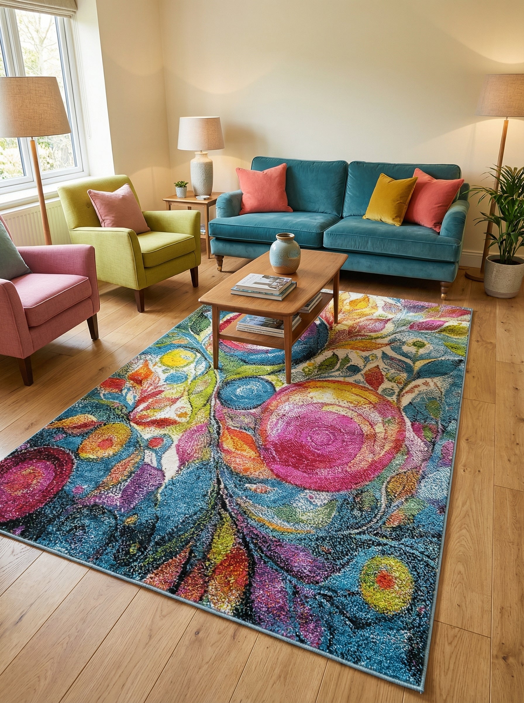 Tapis rectangulaire très coloré aux motifs floraux abstraits vifs en bleu, rose, jaune, orange et vert, posé sur un parquet clair dans un salon