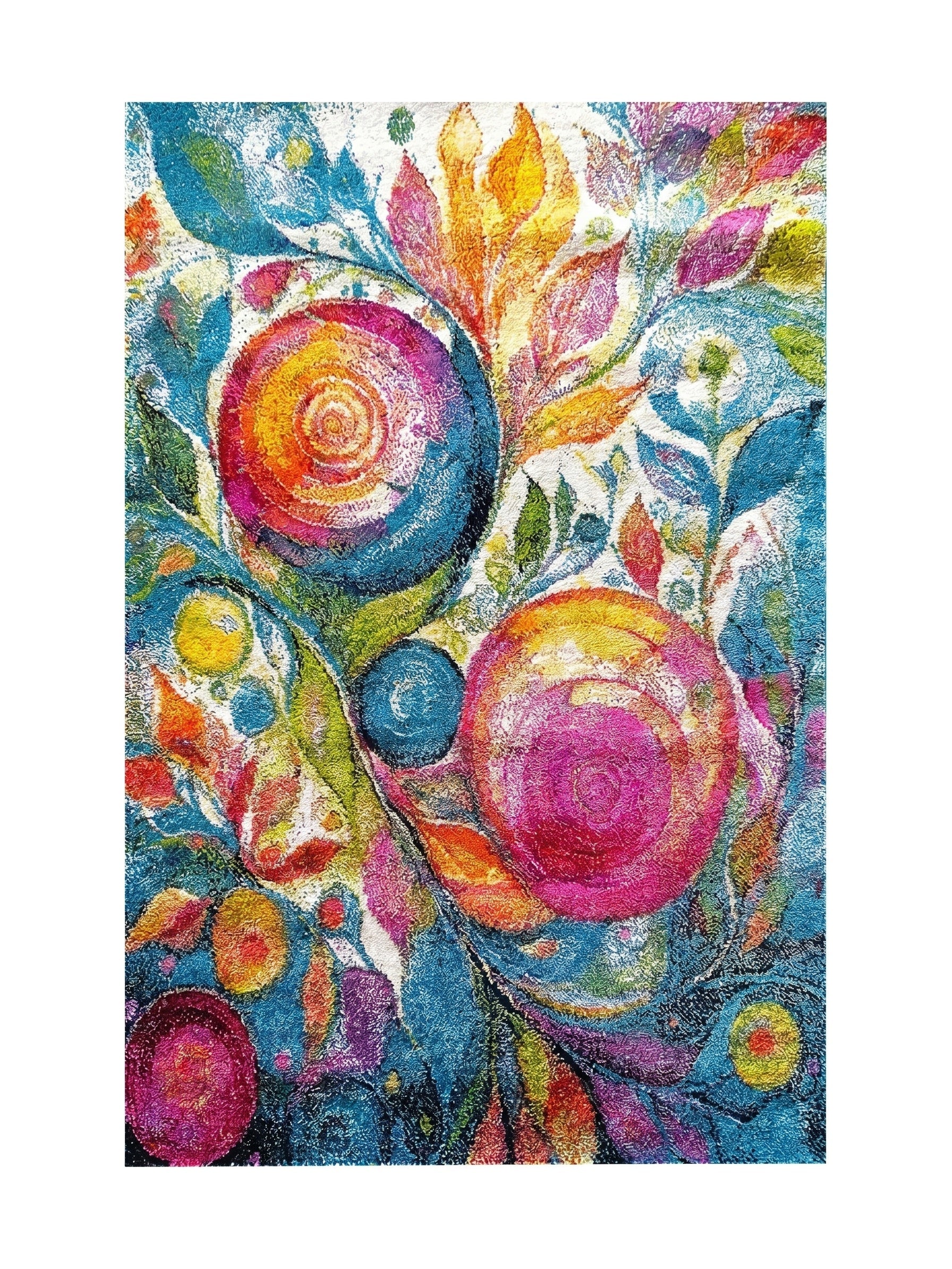 Tapis rectangulaire en textile texturé, orné de motifs floraux abstraits aux couleurs vives : bleu, rose, jaune et vert