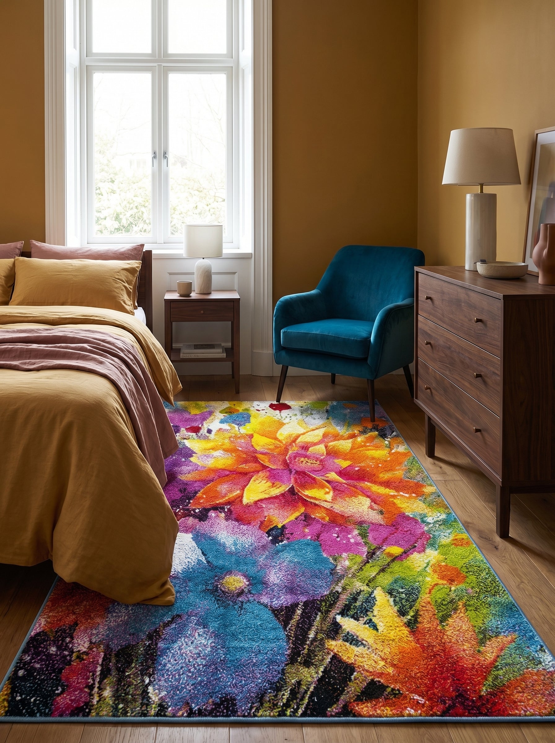Tapis rectangulaire multicolore aux motifs floraux abstraits éclatants (jaune, orange, fuchsia, bleu) dans une chambre moderne