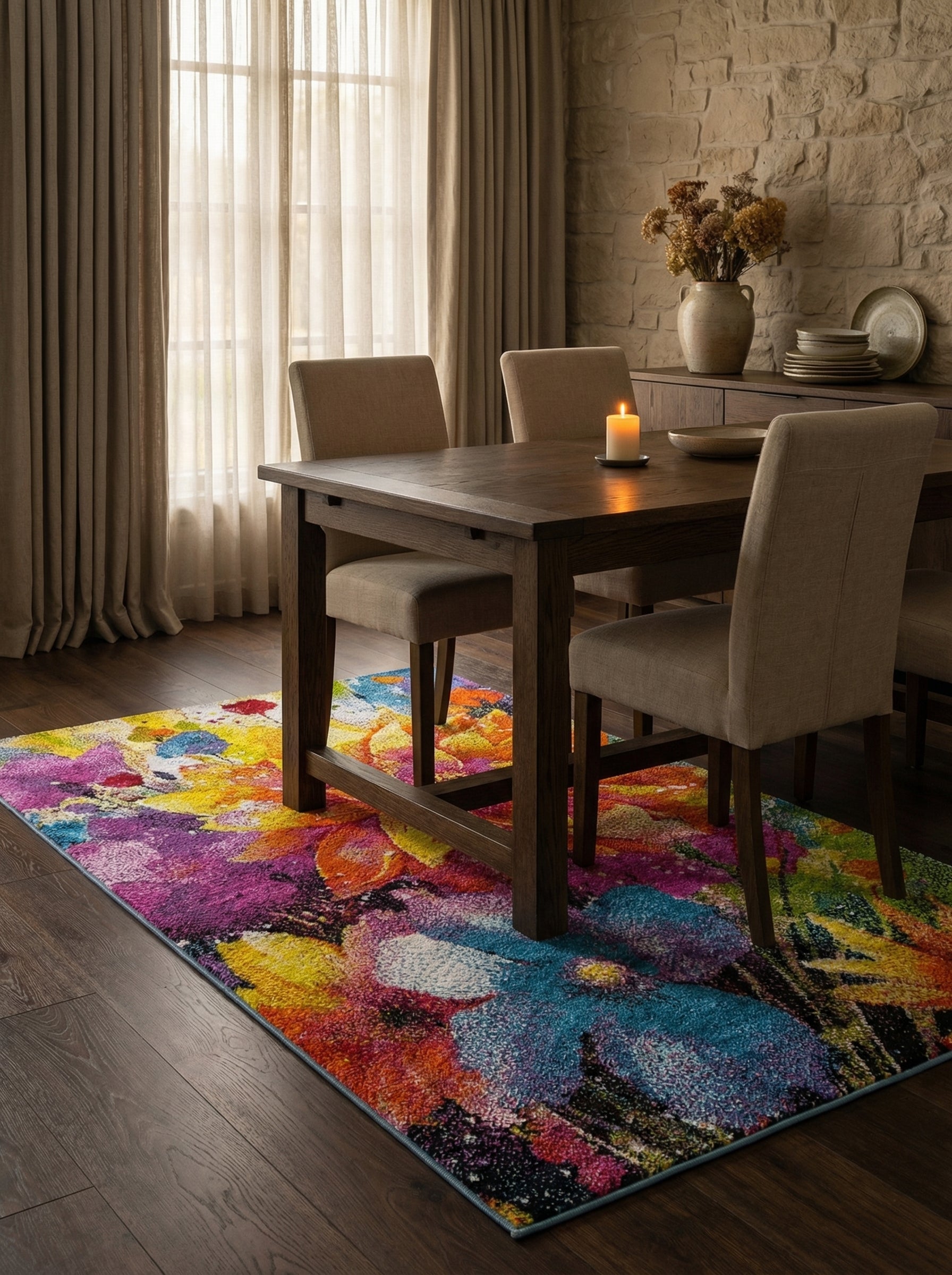 Tapis rectangulaire abstrait aux motifs floraux vifs et multicolores (fuchsia, bleu, jaune, orange) sous une table de salle à manger