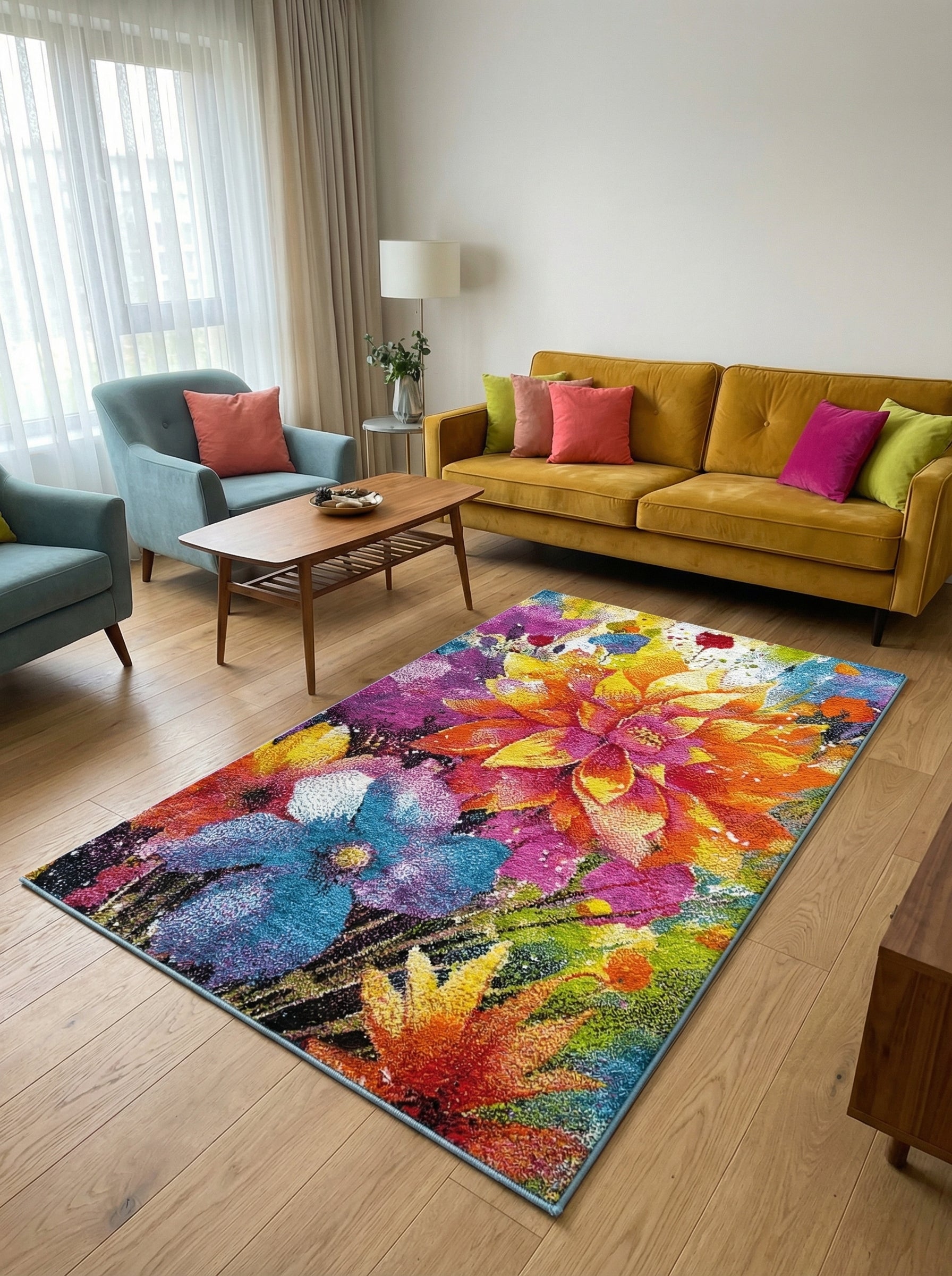 Tapis rectangulaire aux motifs floraux abstraits et vibrants aux couleurs fuchsia, orange, jaune, bleu et vert, dans un salon