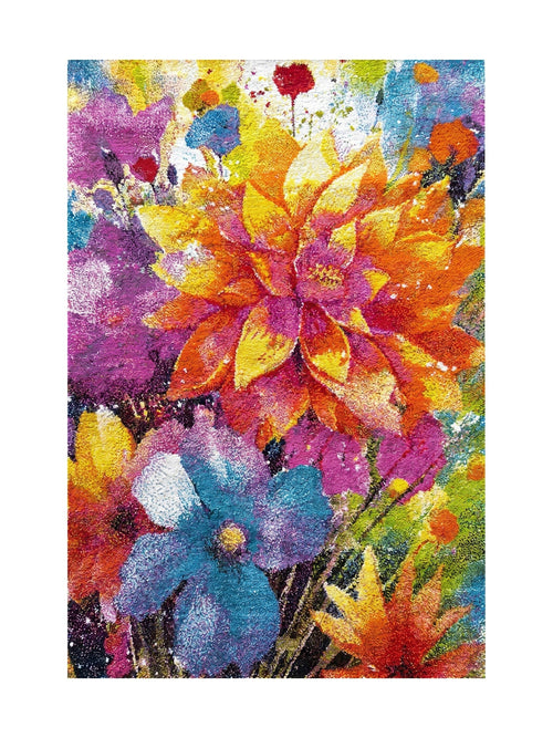 Tapis multicolore à motifs floraux abstraits et très vifs, dominé par des fleurs jaunes, oranges, bleues et magenta