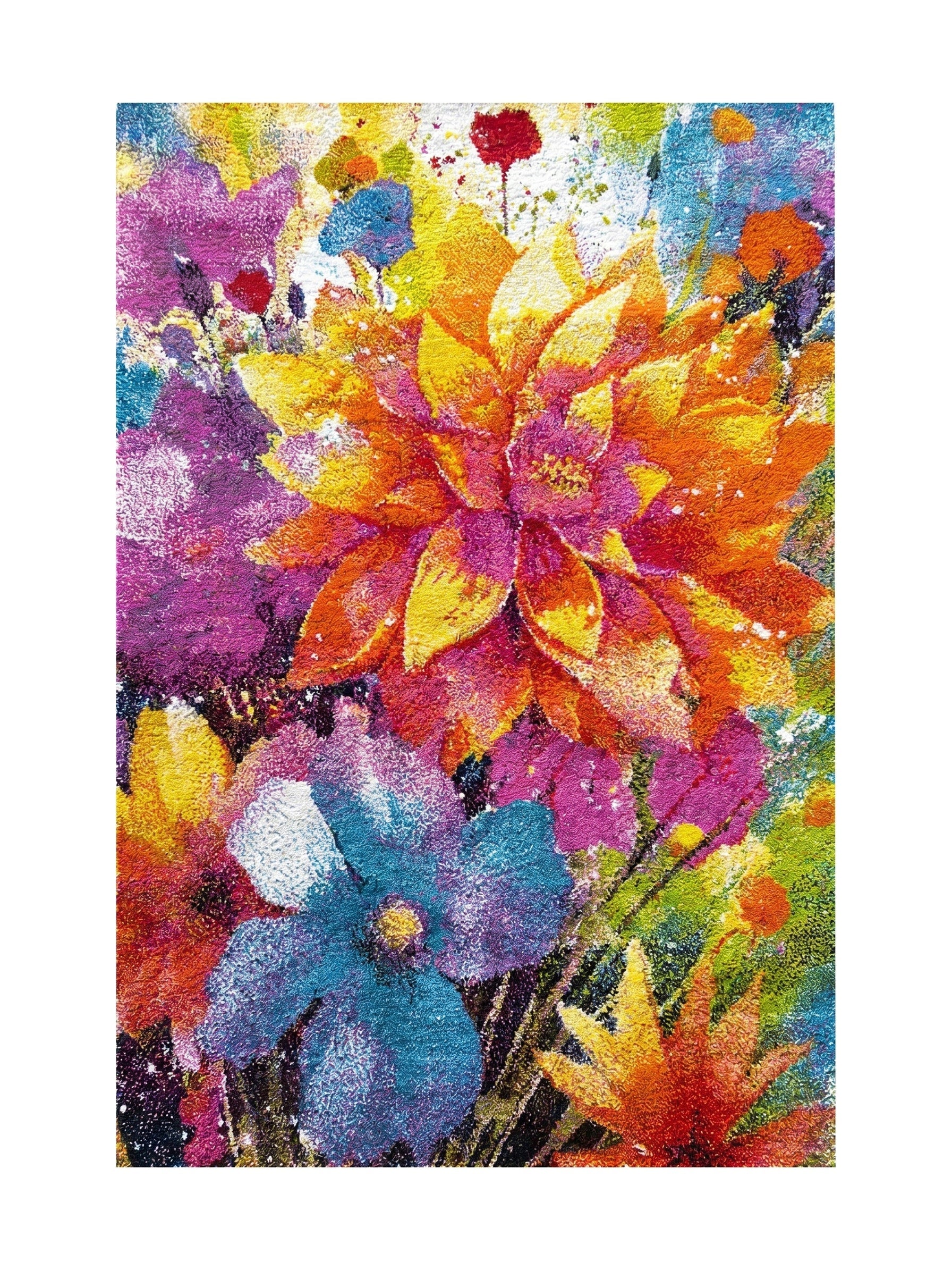 Tapis multicolore à motifs floraux abstraits et très vifs, dominé par des fleurs jaunes, oranges, bleues et magenta