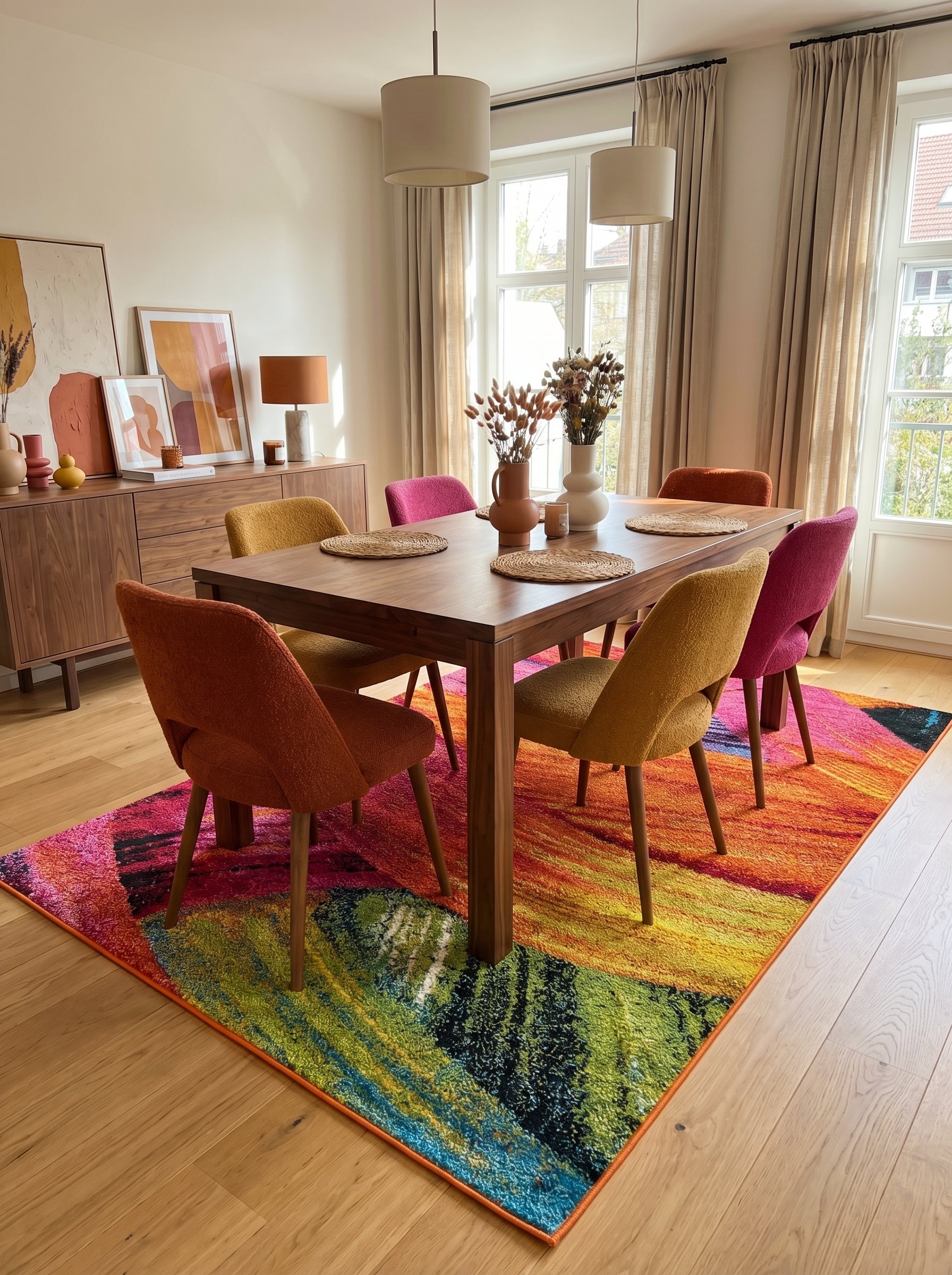 Tapis rectangulaire aux motifs abstraits et couleurs vives (rose, orange, jaune, vert, bleu) sur un sol en parquet dans une salle à manger